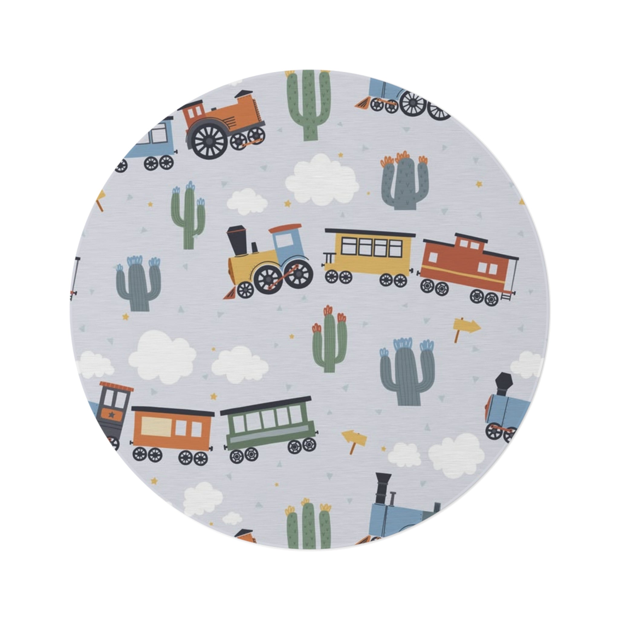 Kids' Round Rug — Colorful Train Pattern Playroom Mat
