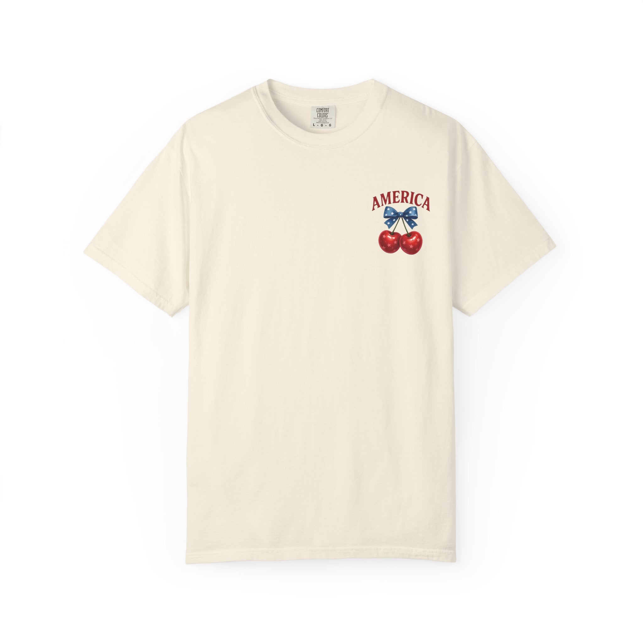 America Cherry Bow T-shirt | Patriotic Stars & Stripes Cherry Design