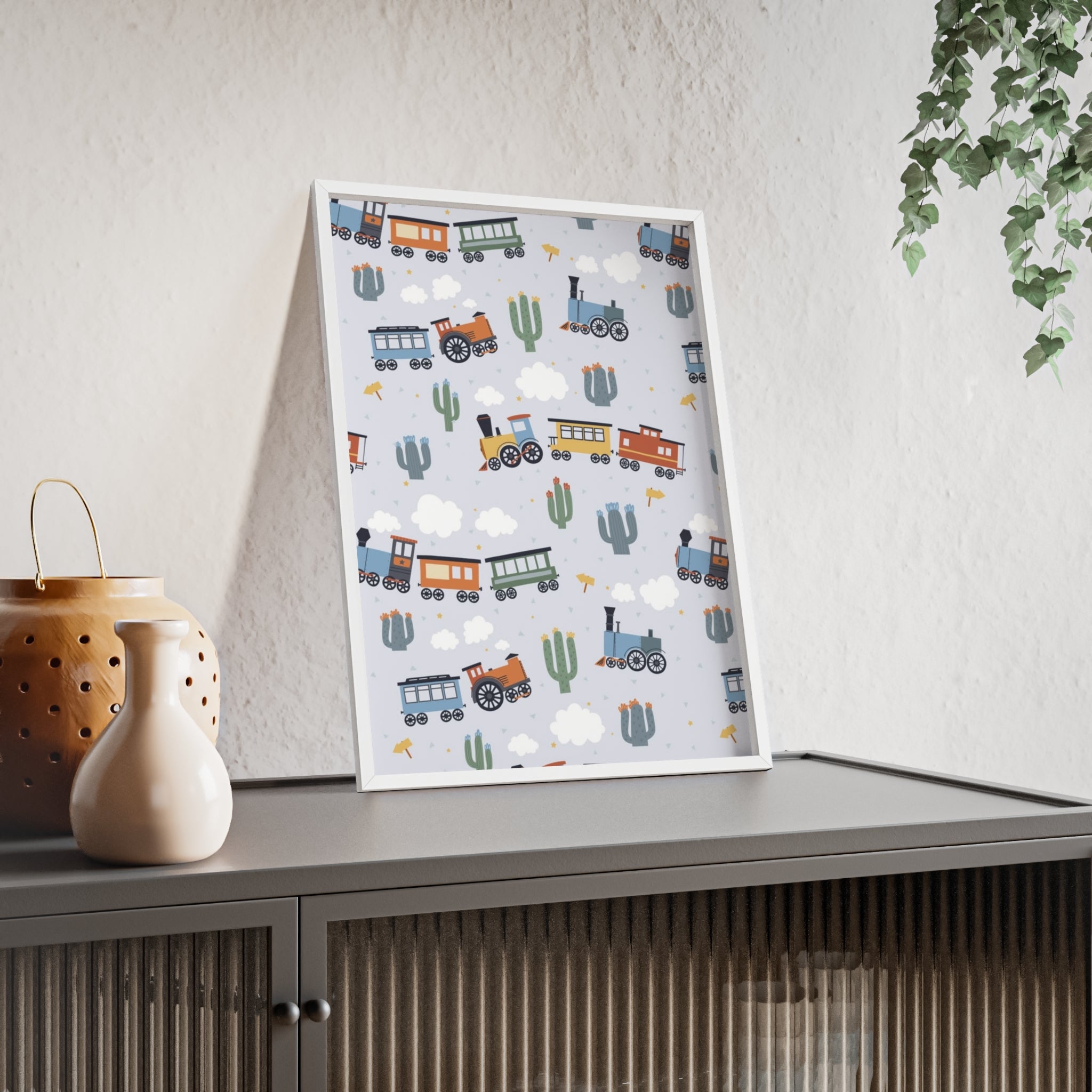 Kids' Train Poster with Wooden Frame — Nursery Wall Art, Playroom Decor