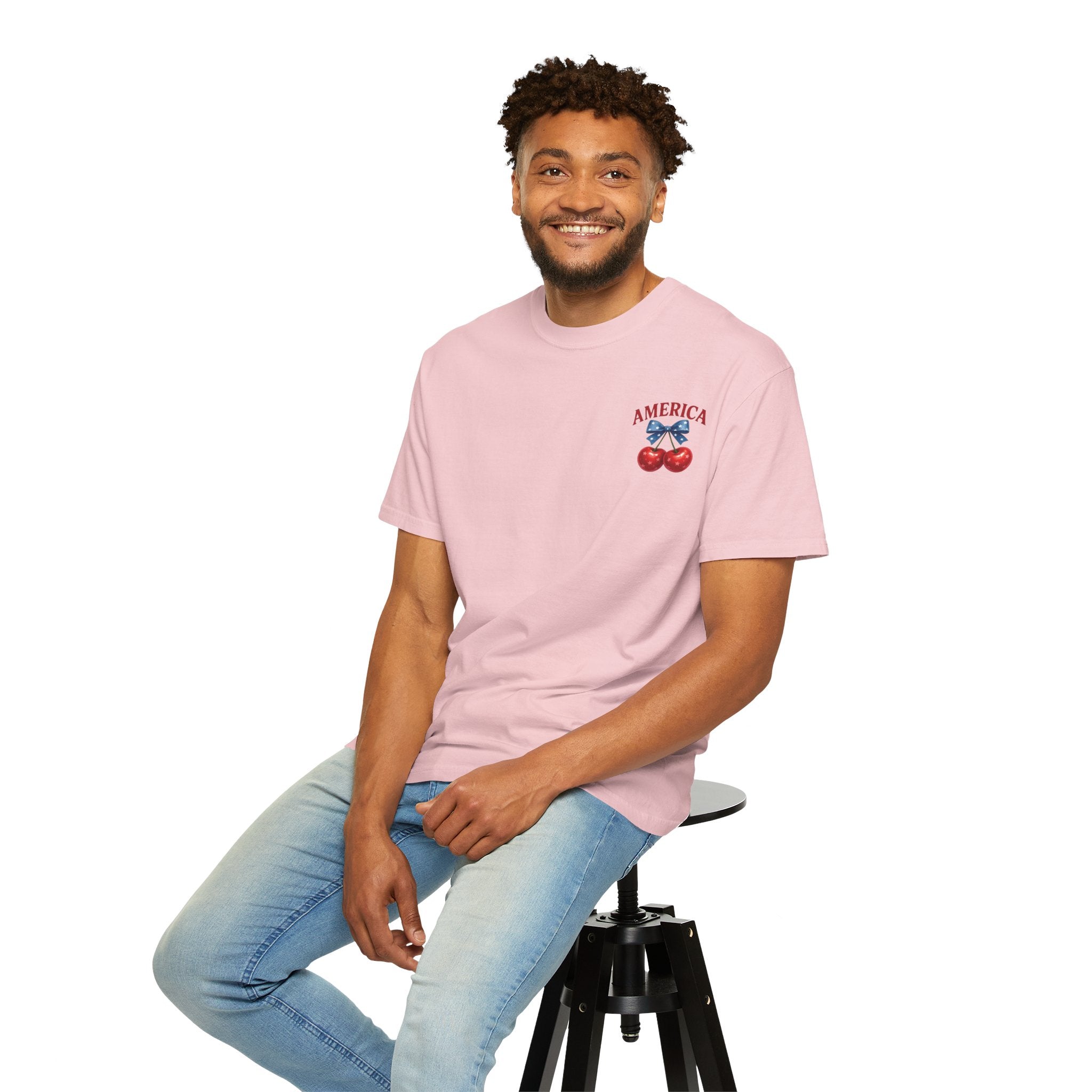 America Cherry Bow T-shirt | Patriotic Stars & Stripes Cherry Design