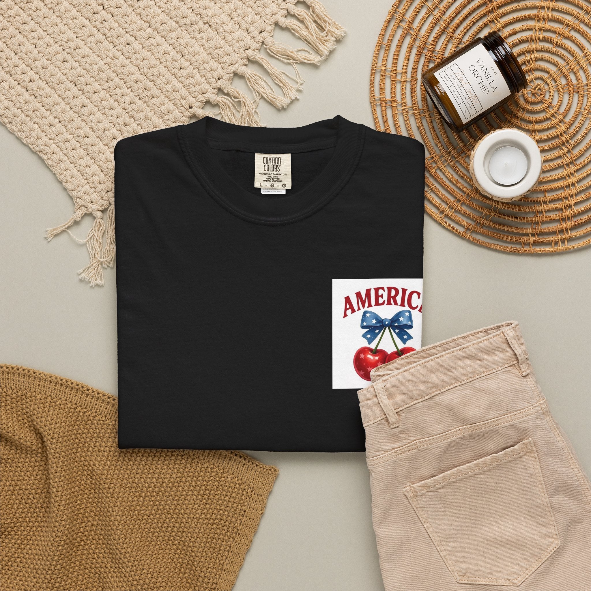 America Cherry Bow T-shirt | Patriotic Stars & Stripes Cherry Design