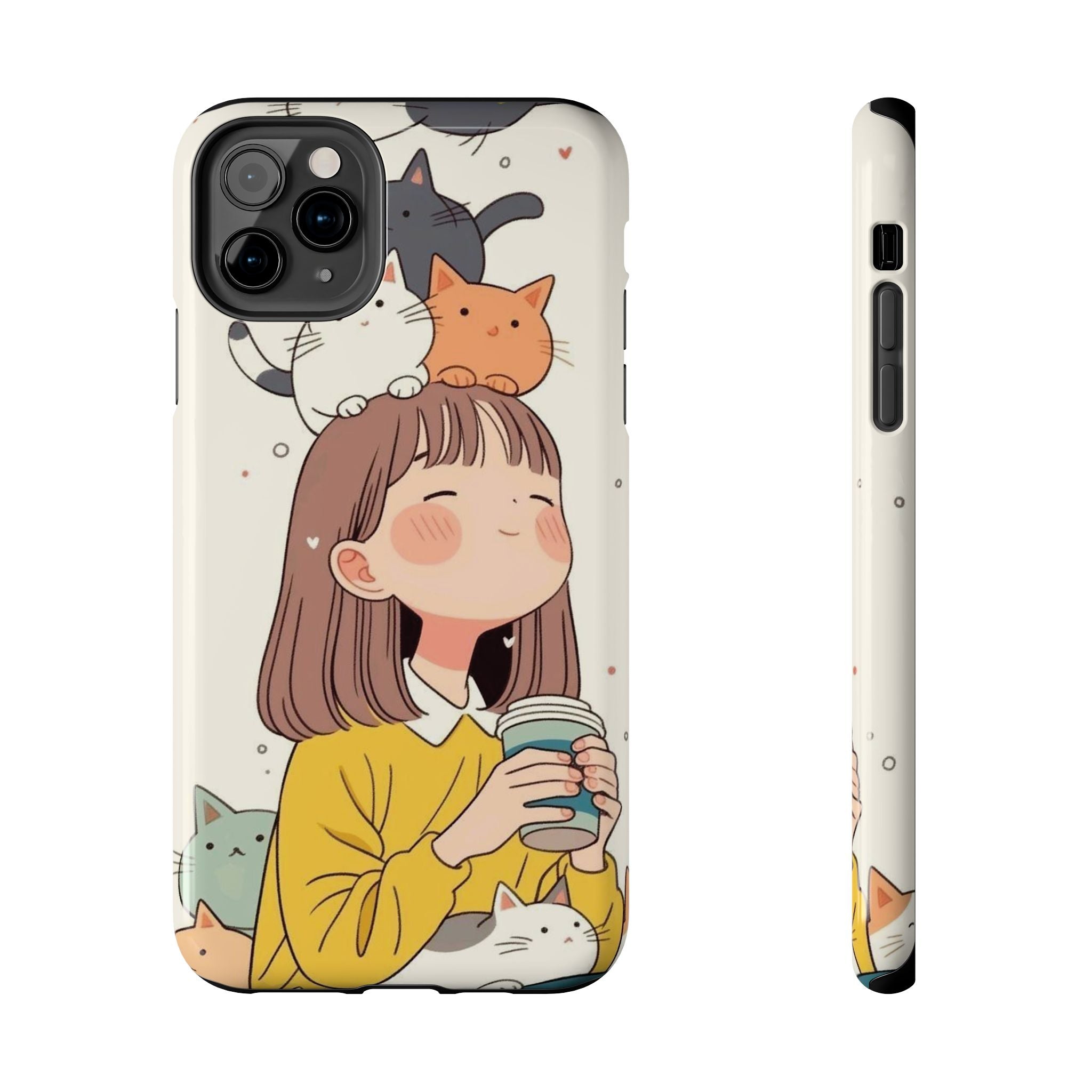 Girl with Cats Phone Case | Cute Cat Stack Illustration