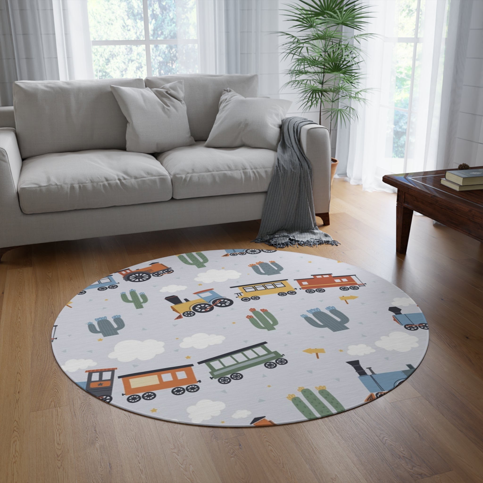 Kids' Round Rug — Colorful Train Pattern Playroom Mat