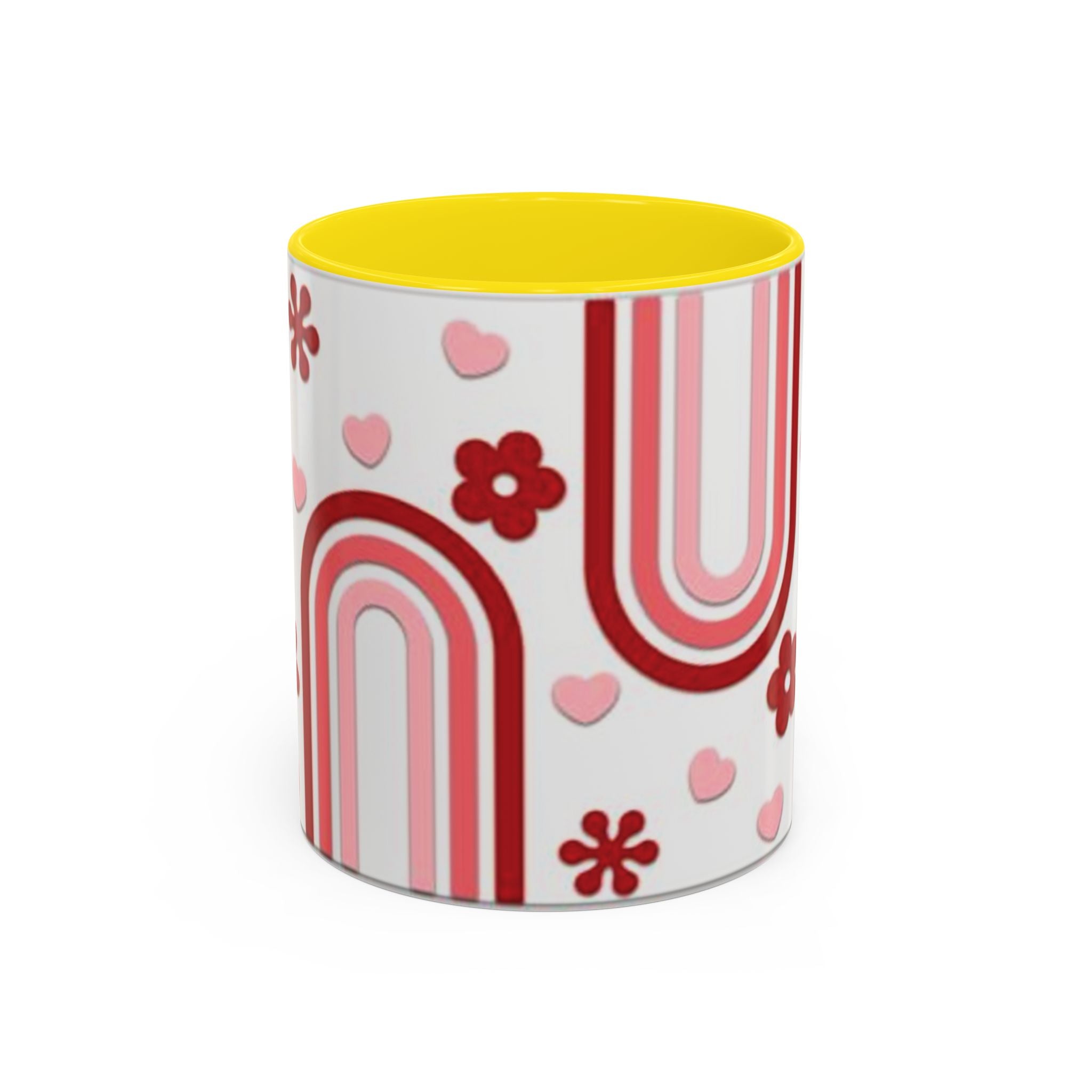 Retro Pink Rainbow Hearts and Flowers Accent Mug | 11oz or 15oz