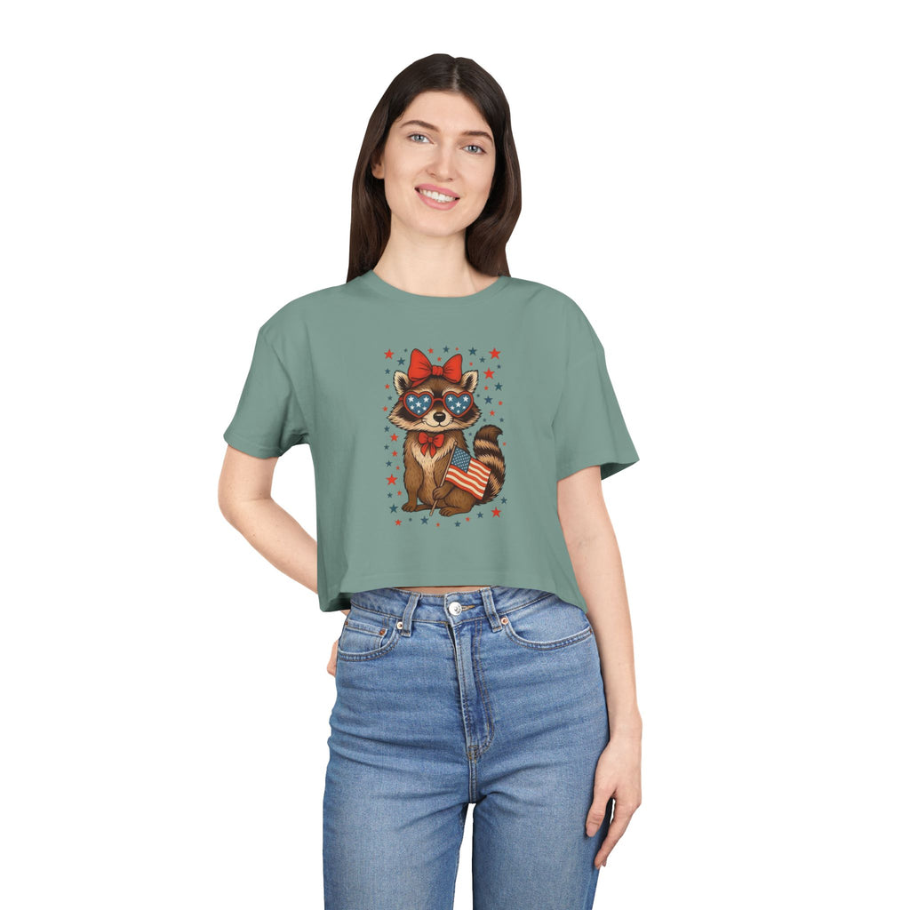 Patriotic Raccoon Heart Crop Tee | 4th of July Stars & Stripes