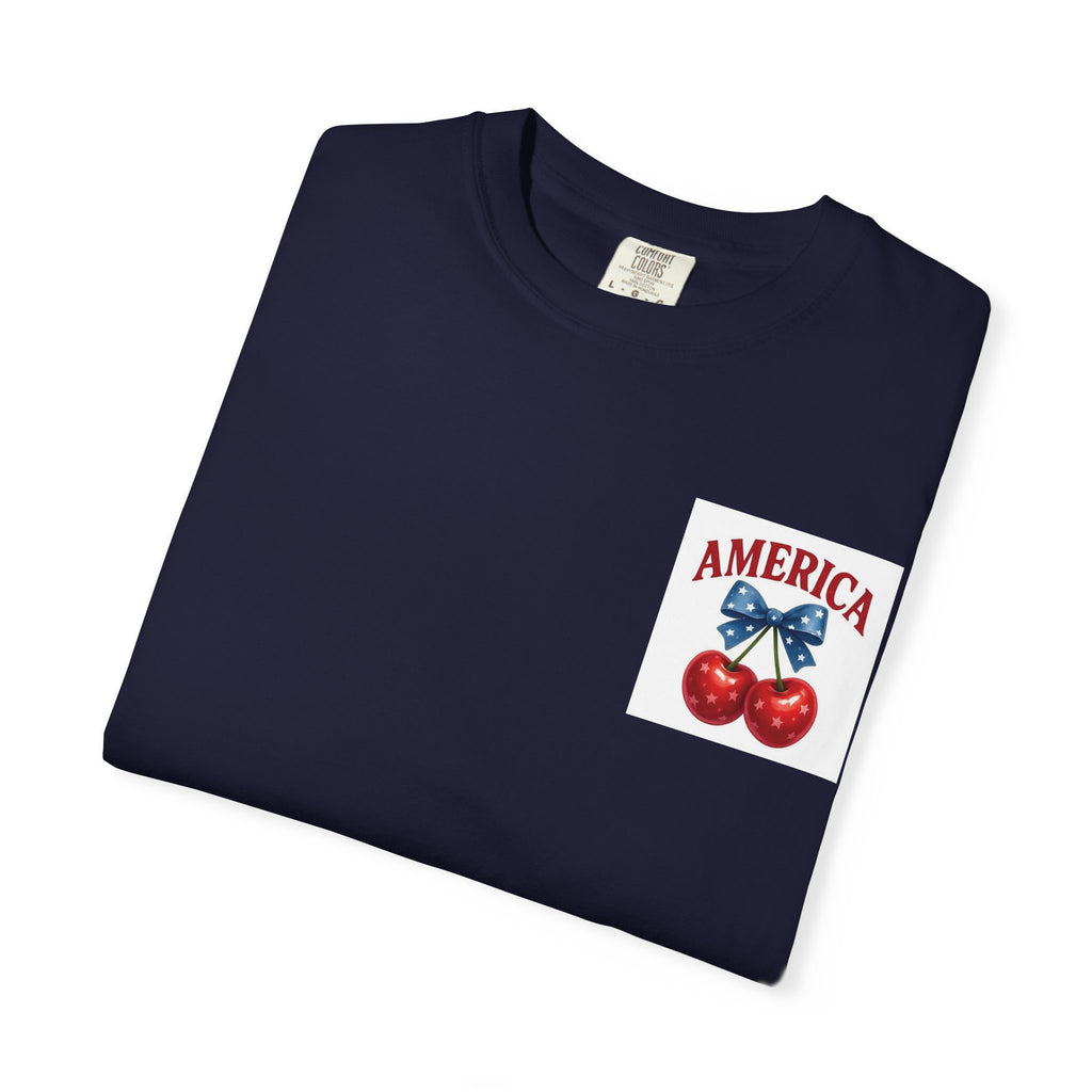 America Cherry Bow T-shirt | Patriotic Stars & Stripes Cherry Design