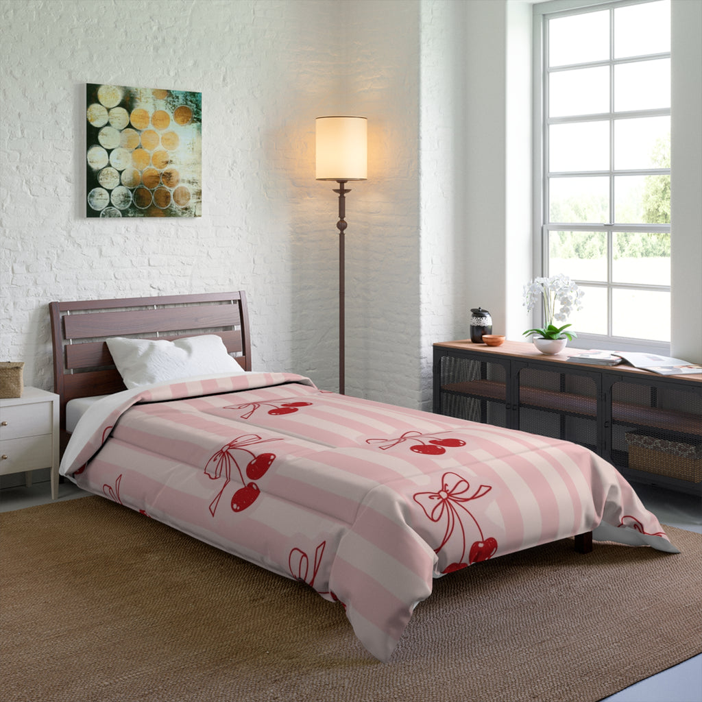 Cherry Bow Comforter - Pink Striped Cherry Print Bedding for Girls & Teens