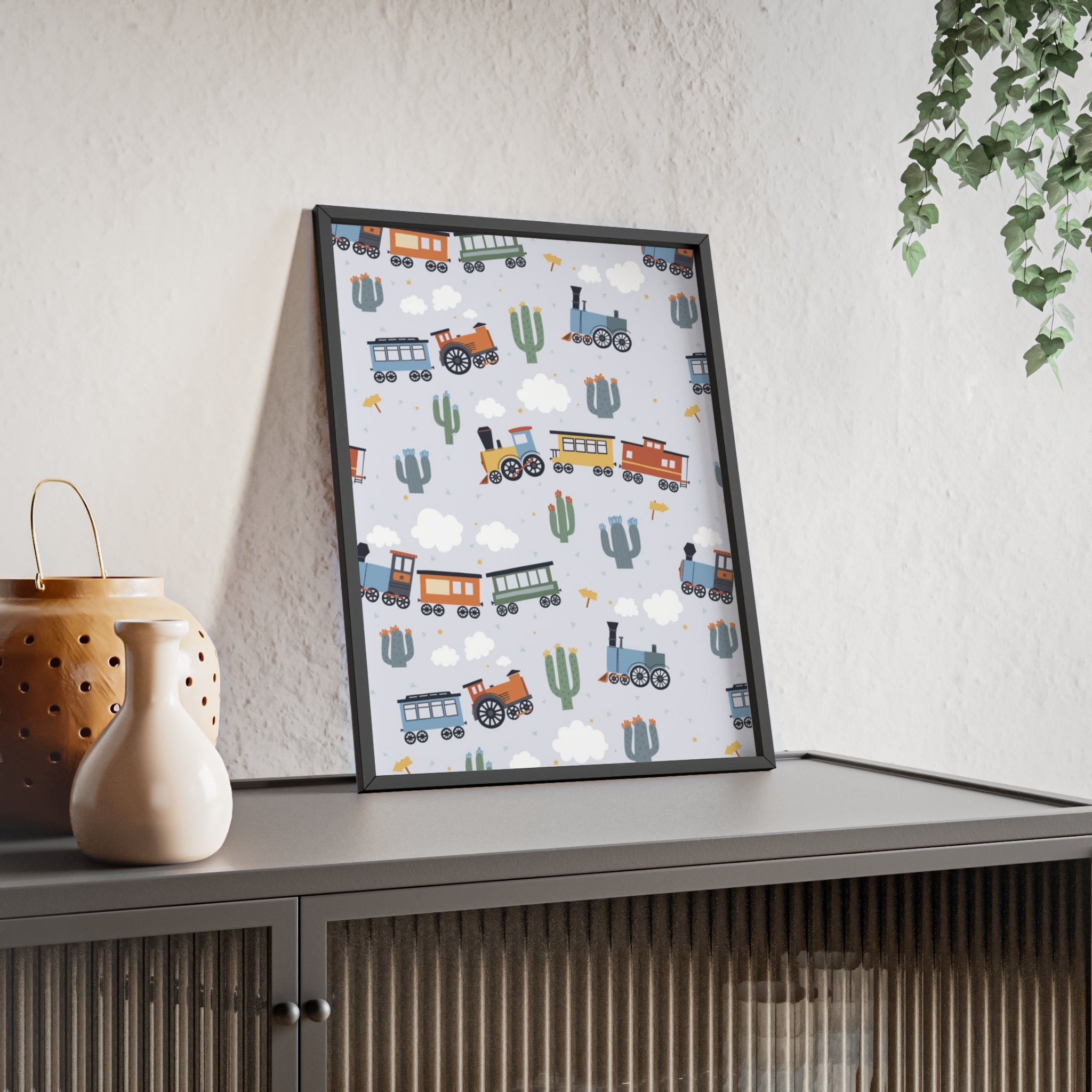 Kids' Train Poster with Wooden Frame — Nursery Wall Art, Playroom Decor