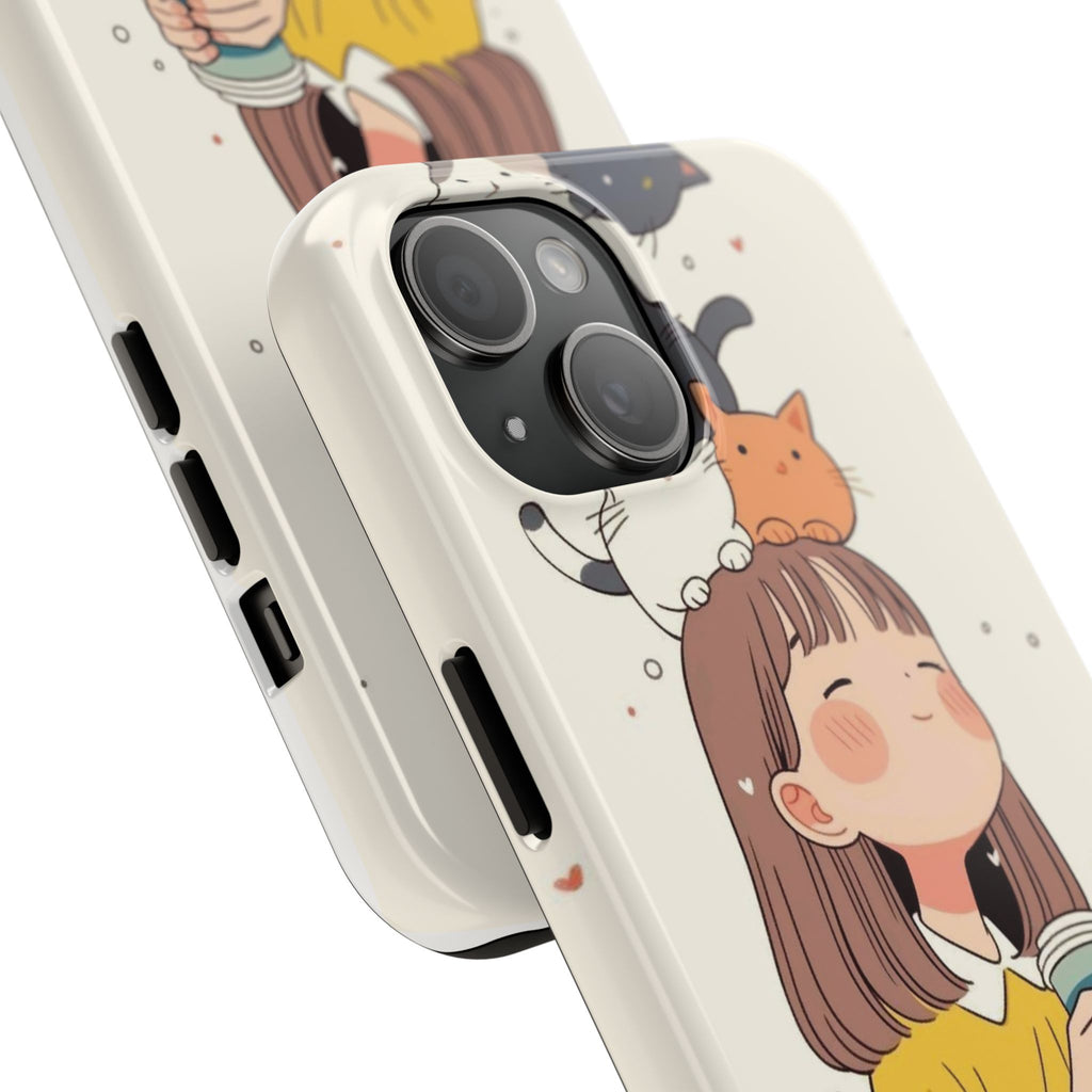 Girl with Cats Phone Case | Cute Cat Stack Illustration