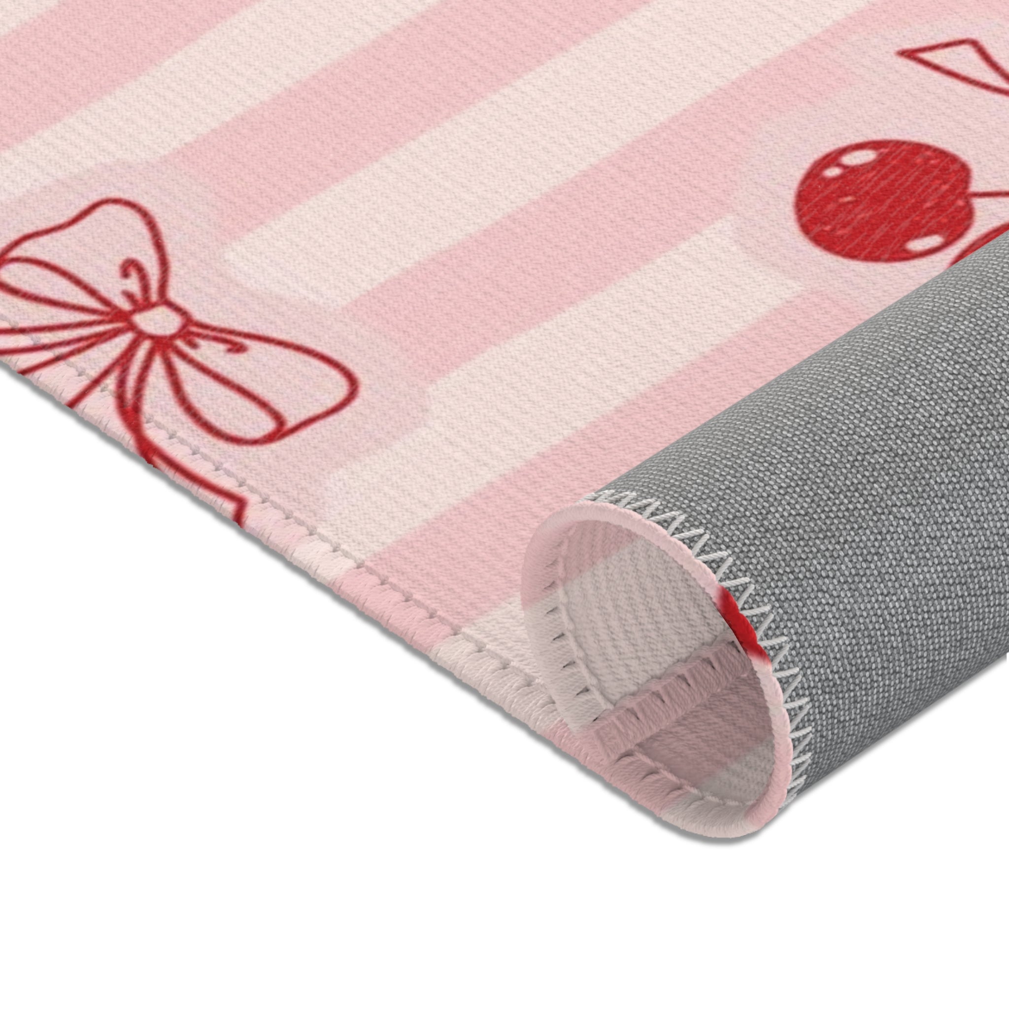 Cherry Bow Area Rug — Pink Striped Cute Kitchen or Nursery Accent Rug