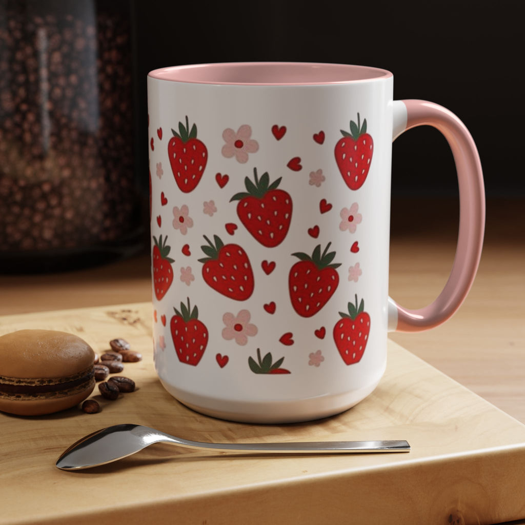 Strawberry Pattern Accent Coffee Mug — Cute Red Berries & Hearts 11/15oz