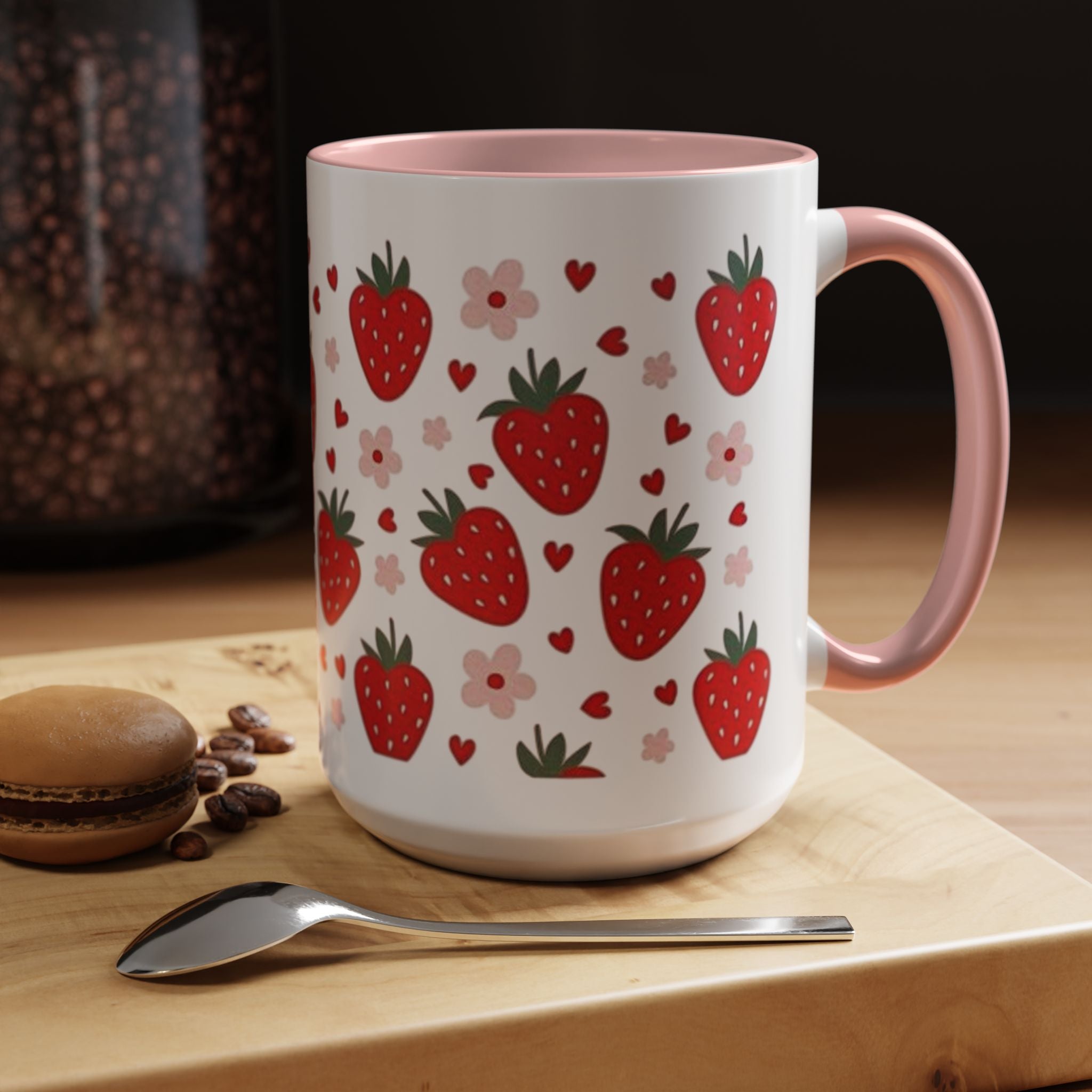 Strawberry Pattern Accent Coffee Mug — Cute Red Berries & Hearts 11/15oz