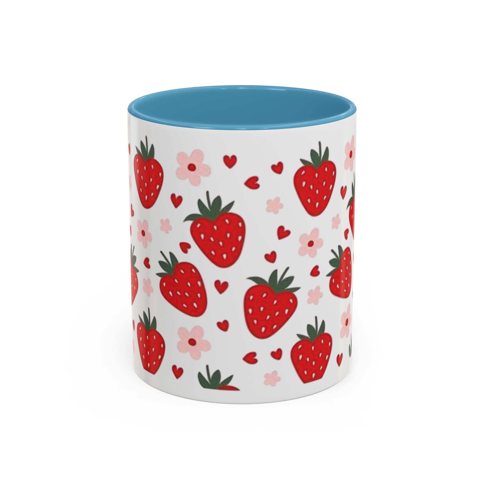 Strawberry Pattern Accent Coffee Mug — Cute Red Berries & Hearts 11/15oz