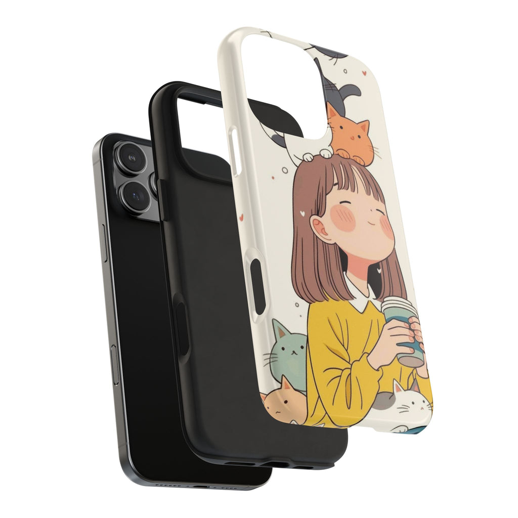 Girl with Cats Phone Case | Cute Cat Stack Illustration