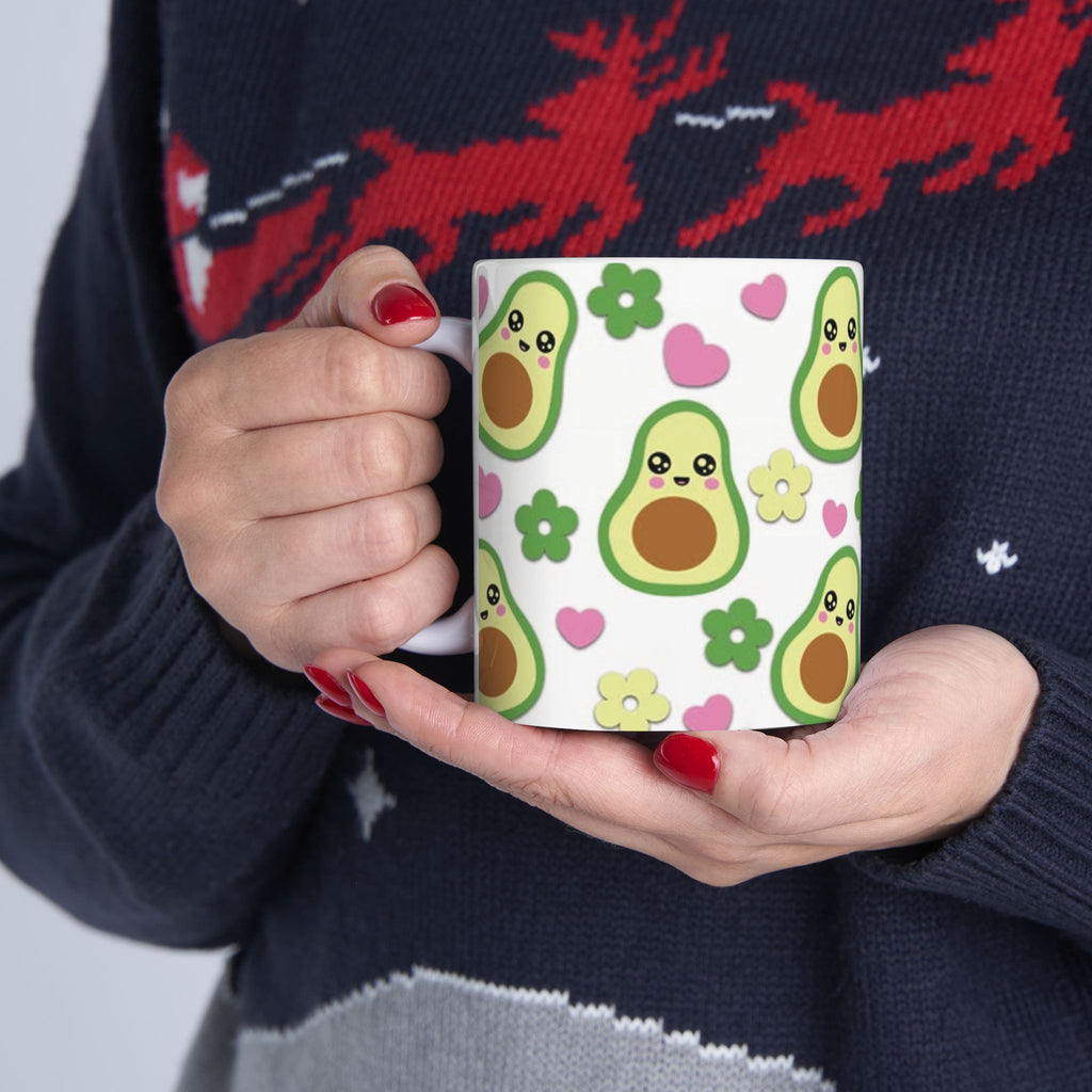 Avocado Pattern Ceramic Mug — Cute Kawaii Avocado Hearts & Flowers Coffee Cup (11oz/15oz)