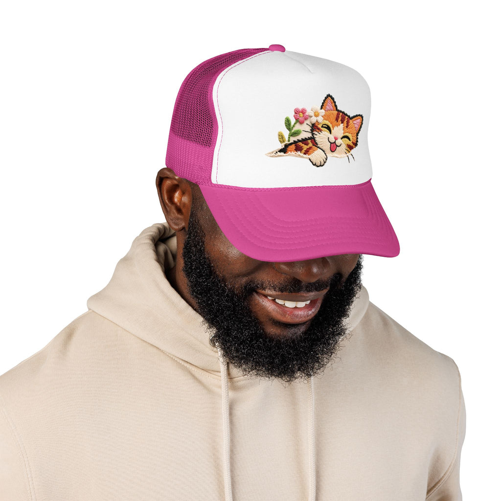 Trucker Hat — Cute Sleeping Calico Cat with Flowers Foam Mesh Cap
