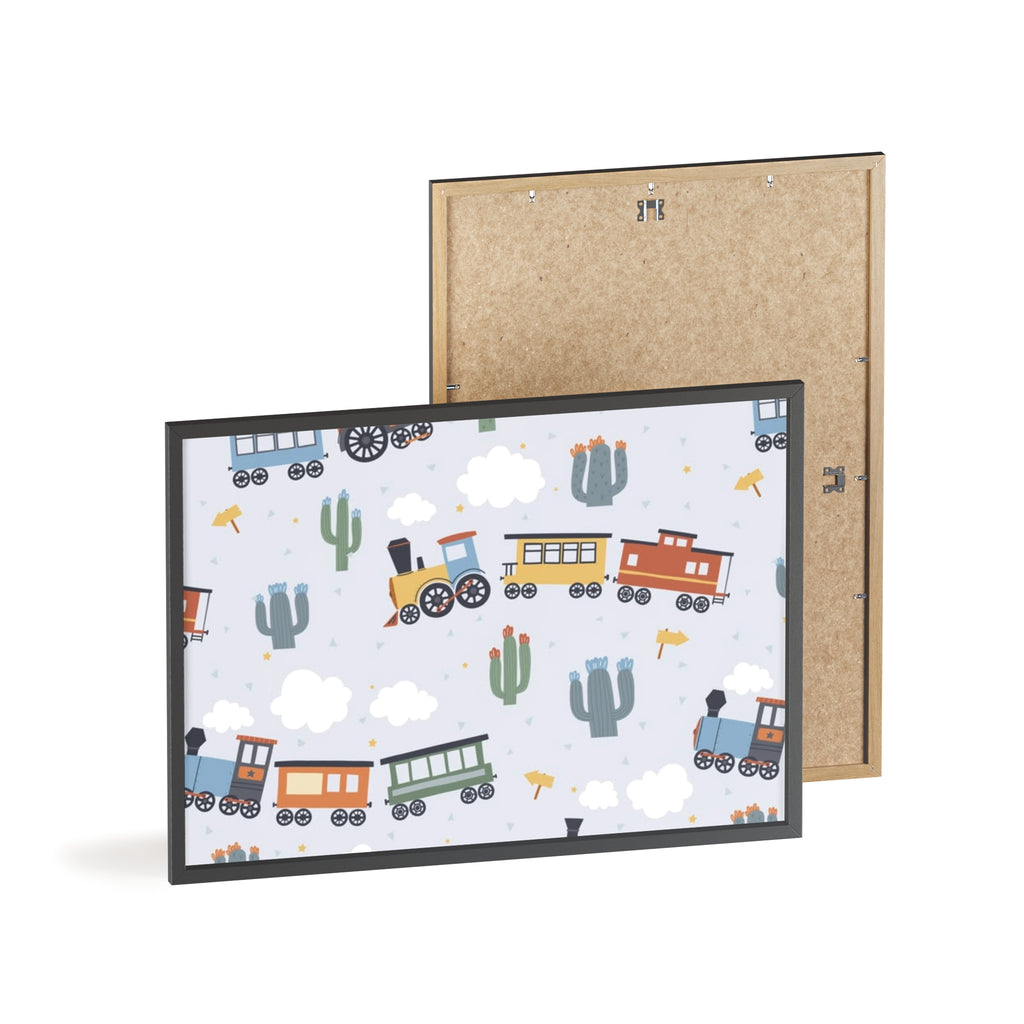 Kids' Train Poster with Wooden Frame — Nursery Wall Art, Playroom Decor