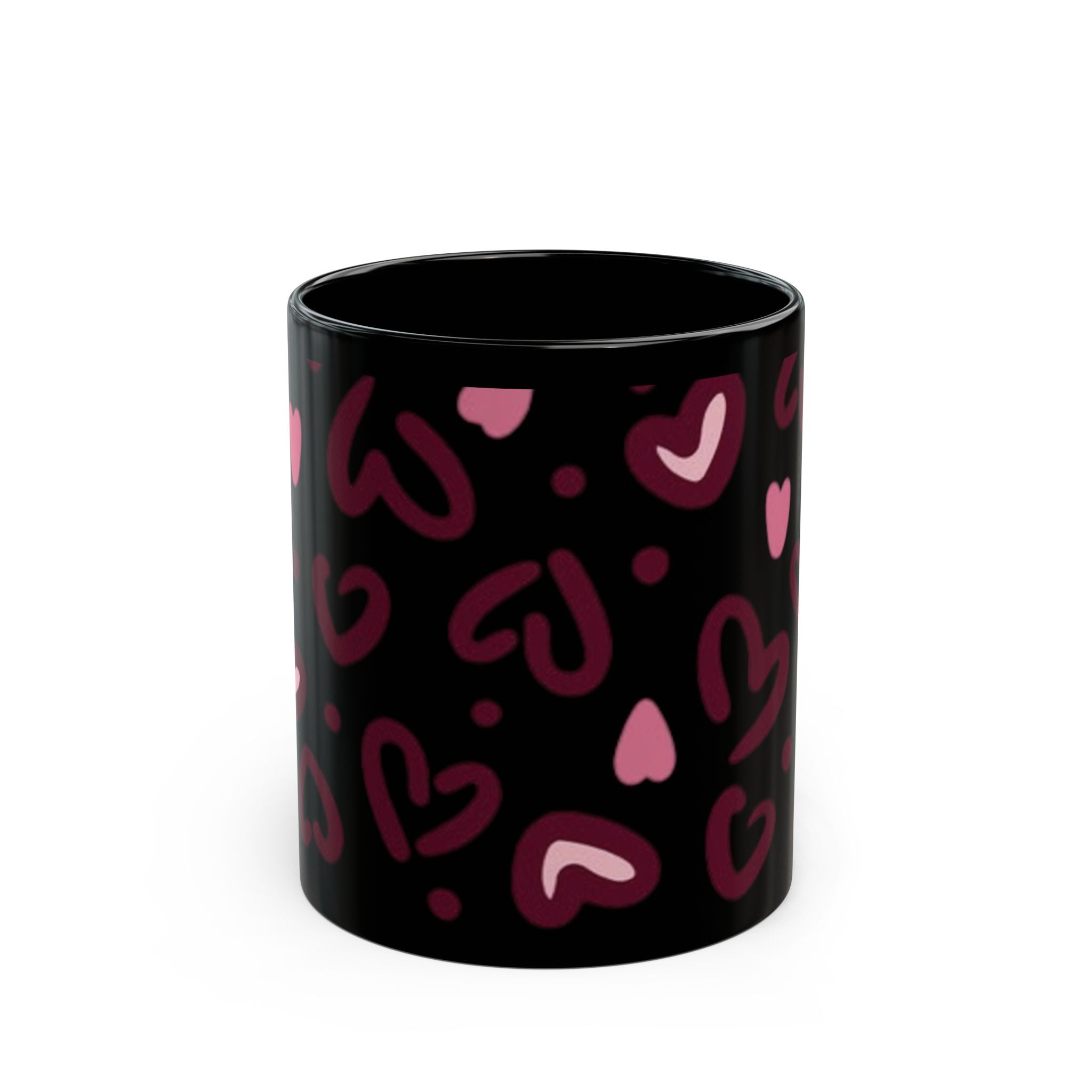 Hand-Drawn Pink Hearts Black Mug | Ceramic Heart Pattern Coffee Mug