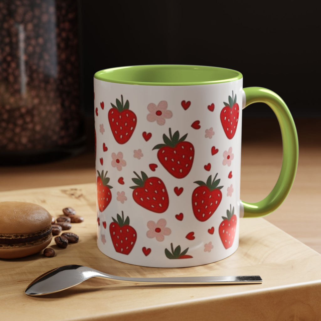 Strawberry Pattern Accent Coffee Mug — Cute Red Berries & Hearts 11/15oz