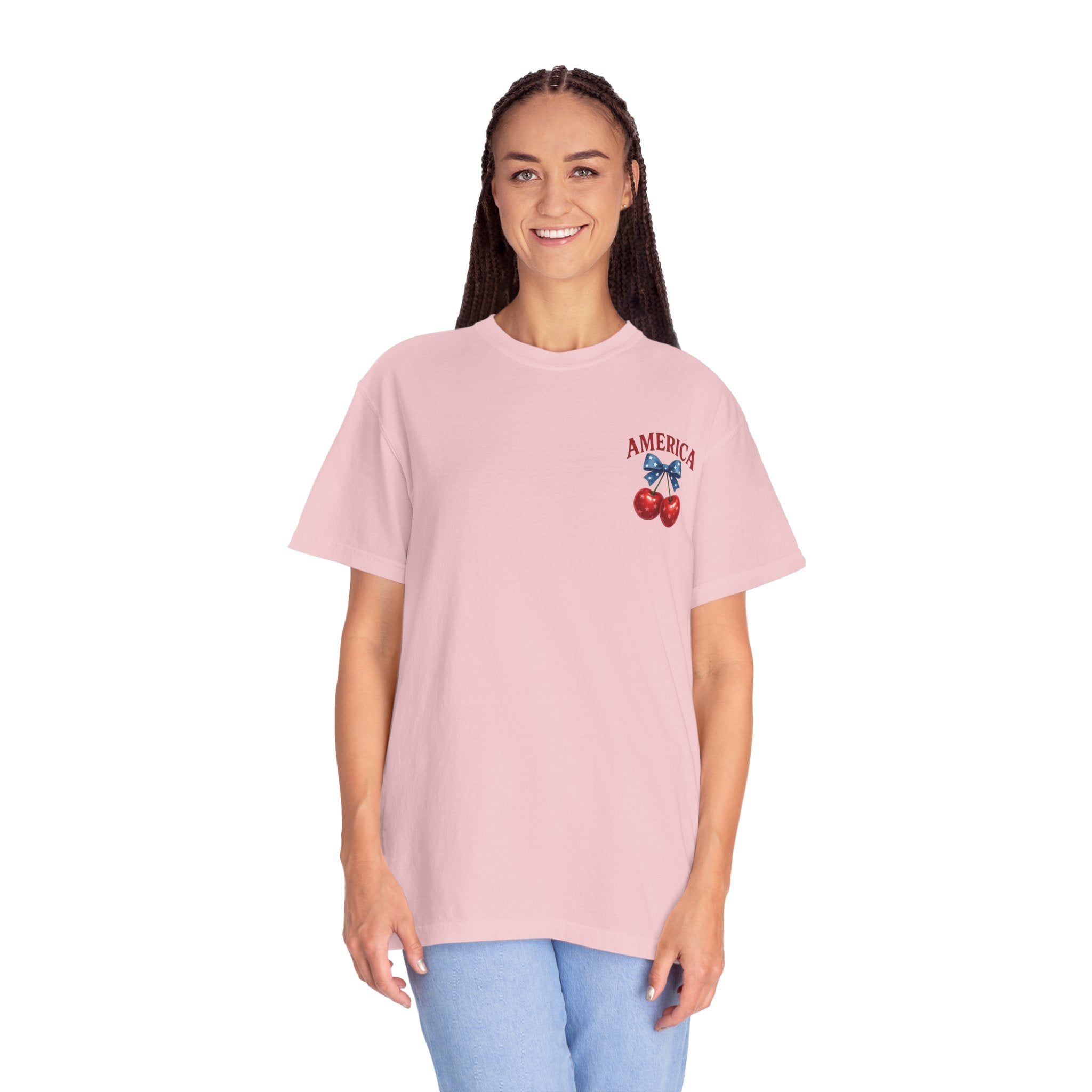 America Cherry Bow T-shirt | Patriotic Stars & Stripes Cherry Design