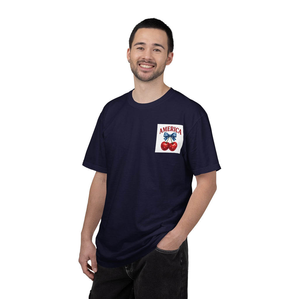 America Cherry Bow T-shirt | Patriotic Stars & Stripes Cherry Design