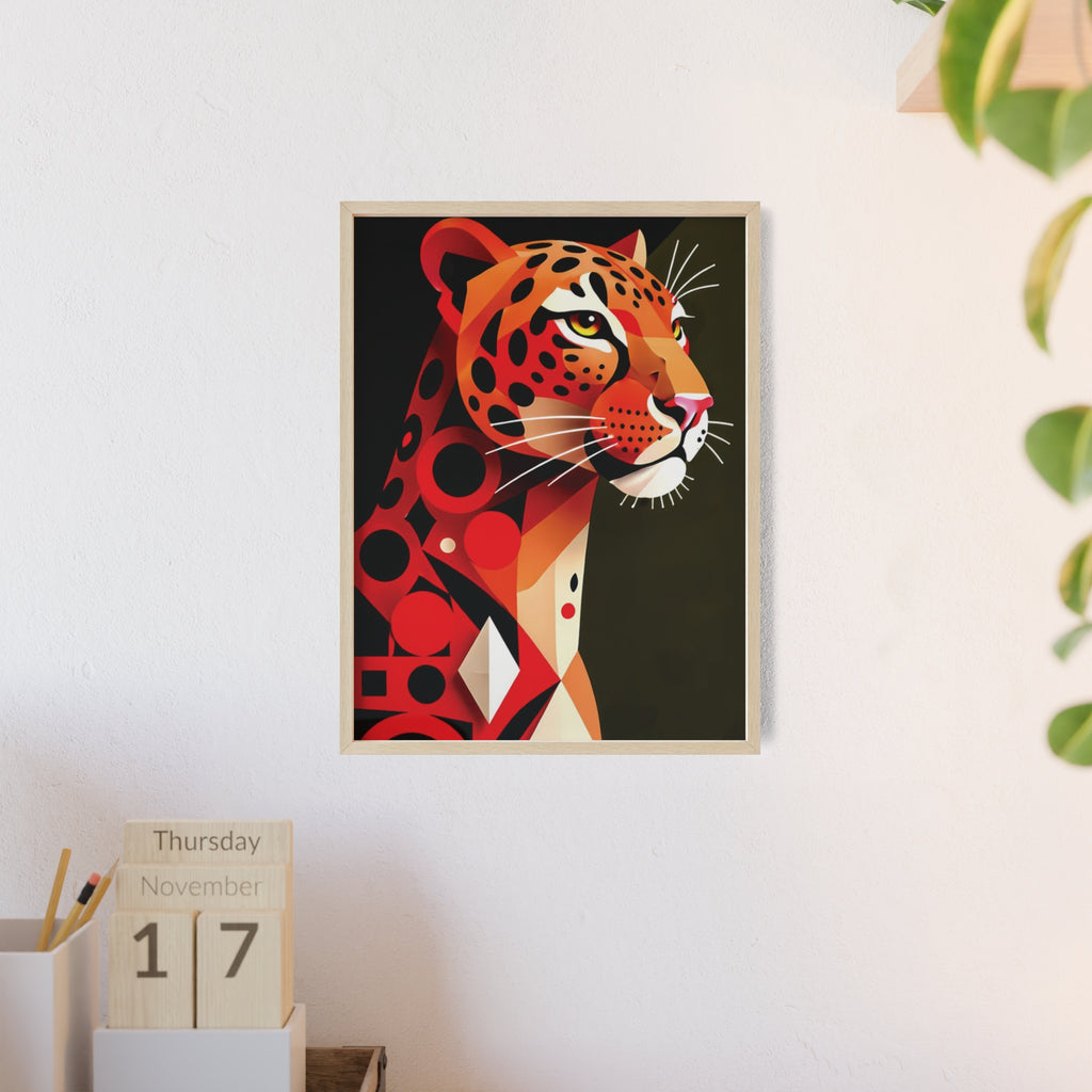Geometric Leopard Art Poster with Wooden Frame — Bold Wildlife Wall Decor