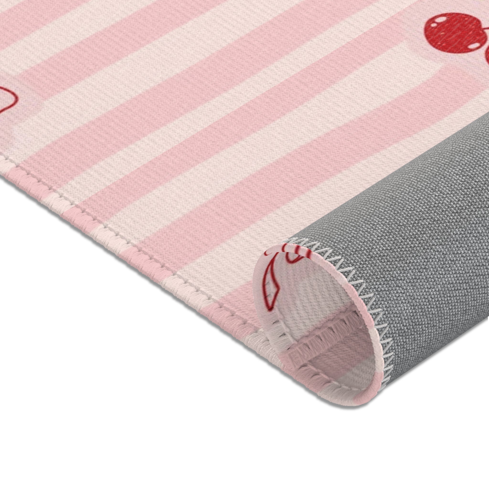 Cherry Bow Area Rug — Pink Striped Cute Kitchen or Nursery Accent Rug