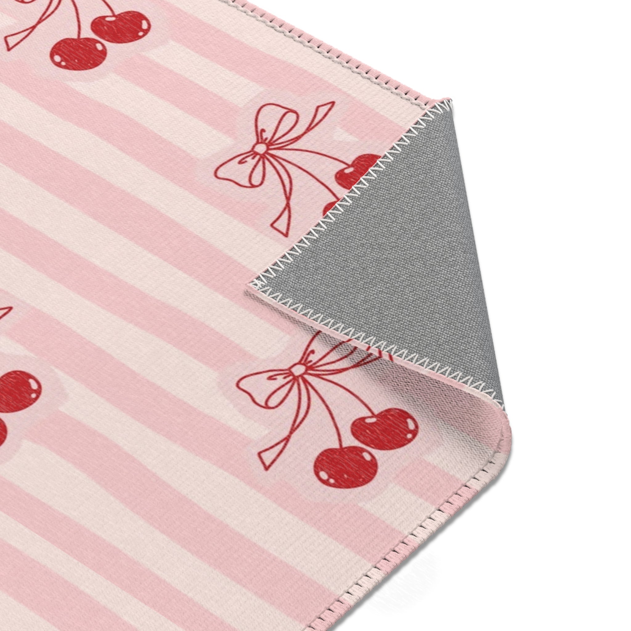 Cherry Bow Area Rug — Pink Striped Cute Kitchen or Nursery Accent Rug