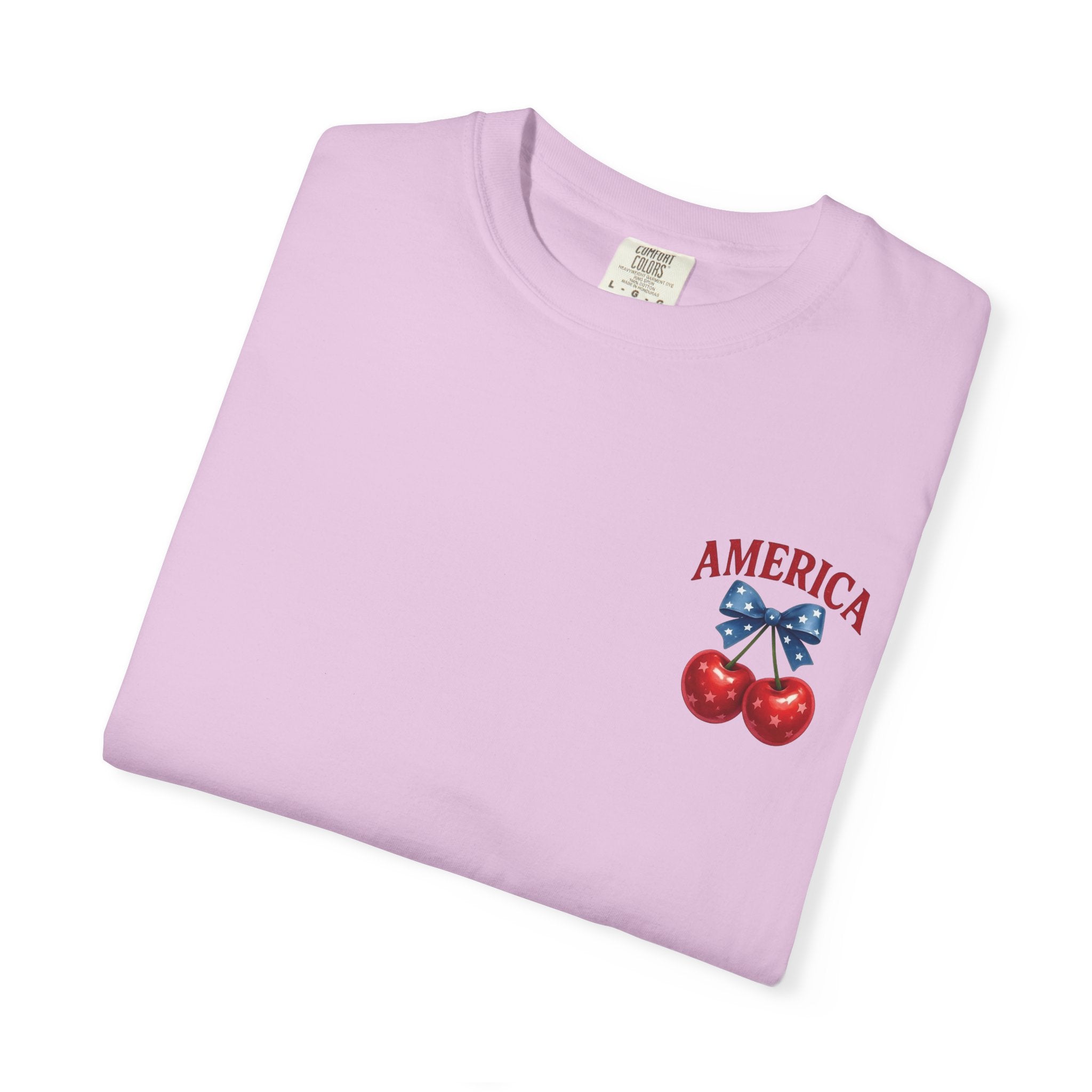 America Cherry Bow T-shirt | Patriotic Stars & Stripes Cherry Design