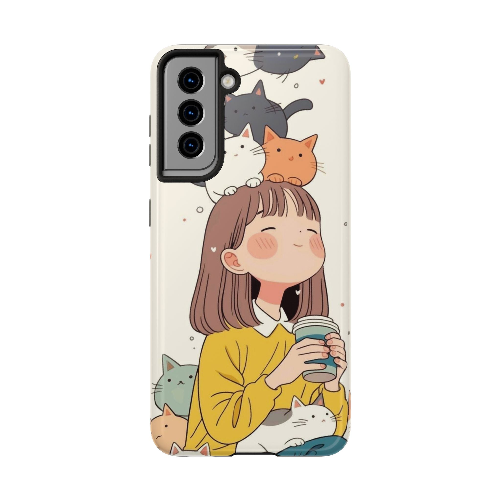 Girl with Cats Phone Case | Cute Cat Stack Illustration