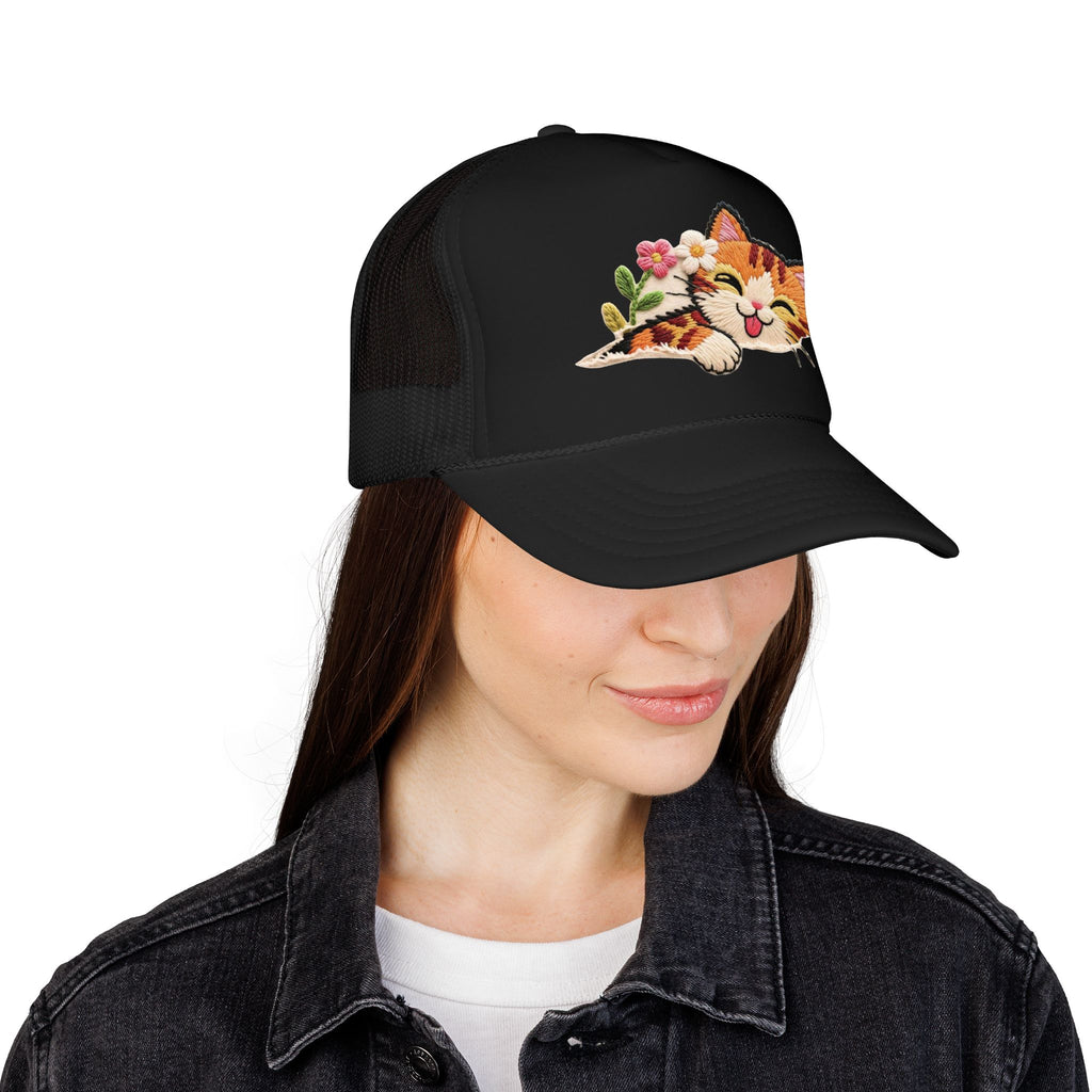 Trucker Hat — Cute Sleeping Calico Cat with Flowers Foam Mesh Cap