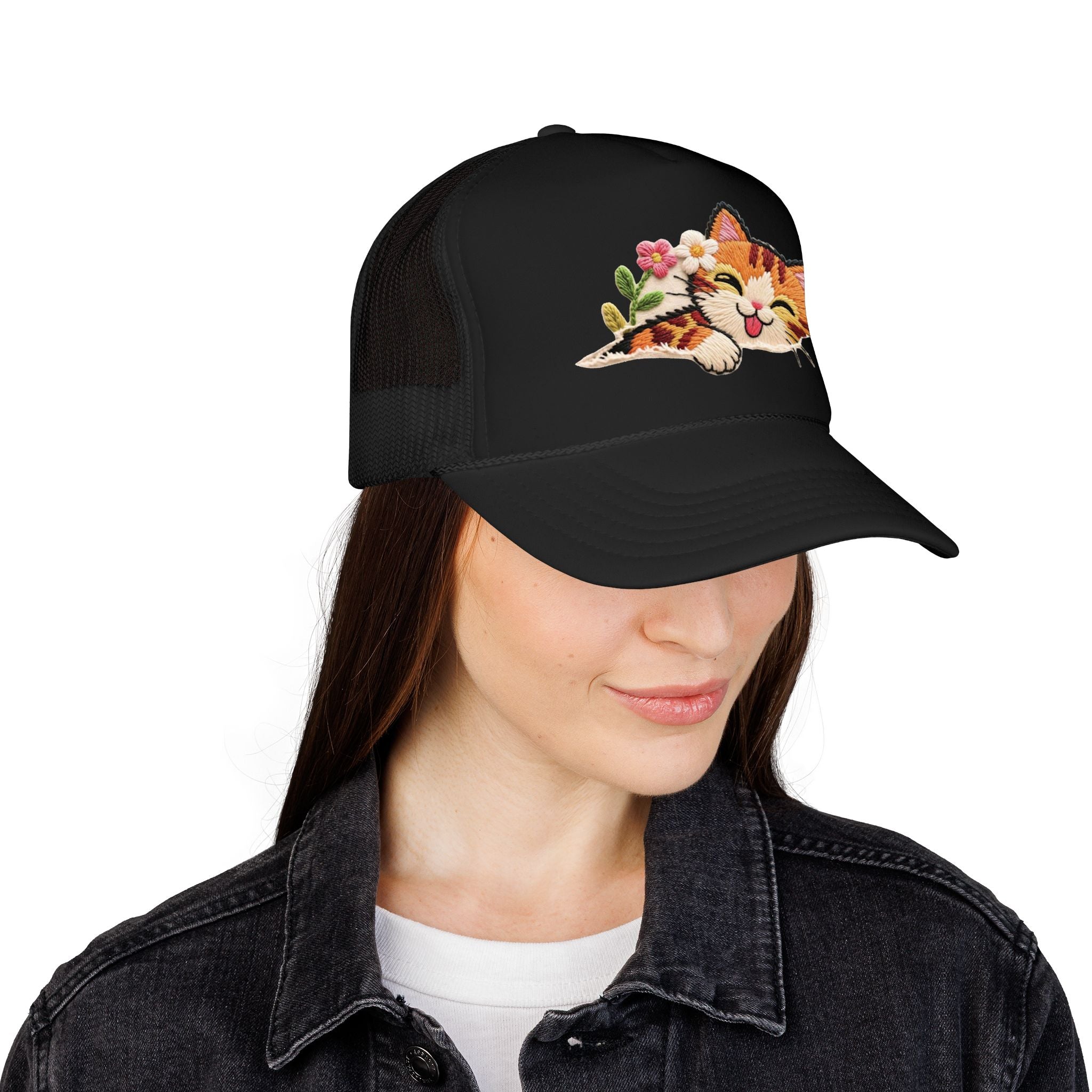 Trucker Hat — Cute Sleeping Calico Cat with Flowers Foam Mesh Cap