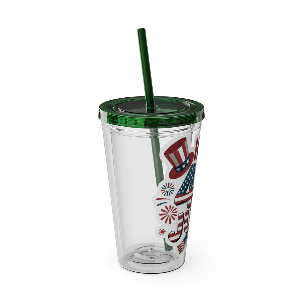Happy 4th of July Tumbler | 16oz Straw Cup, Patriotic Fireworks Flag Design