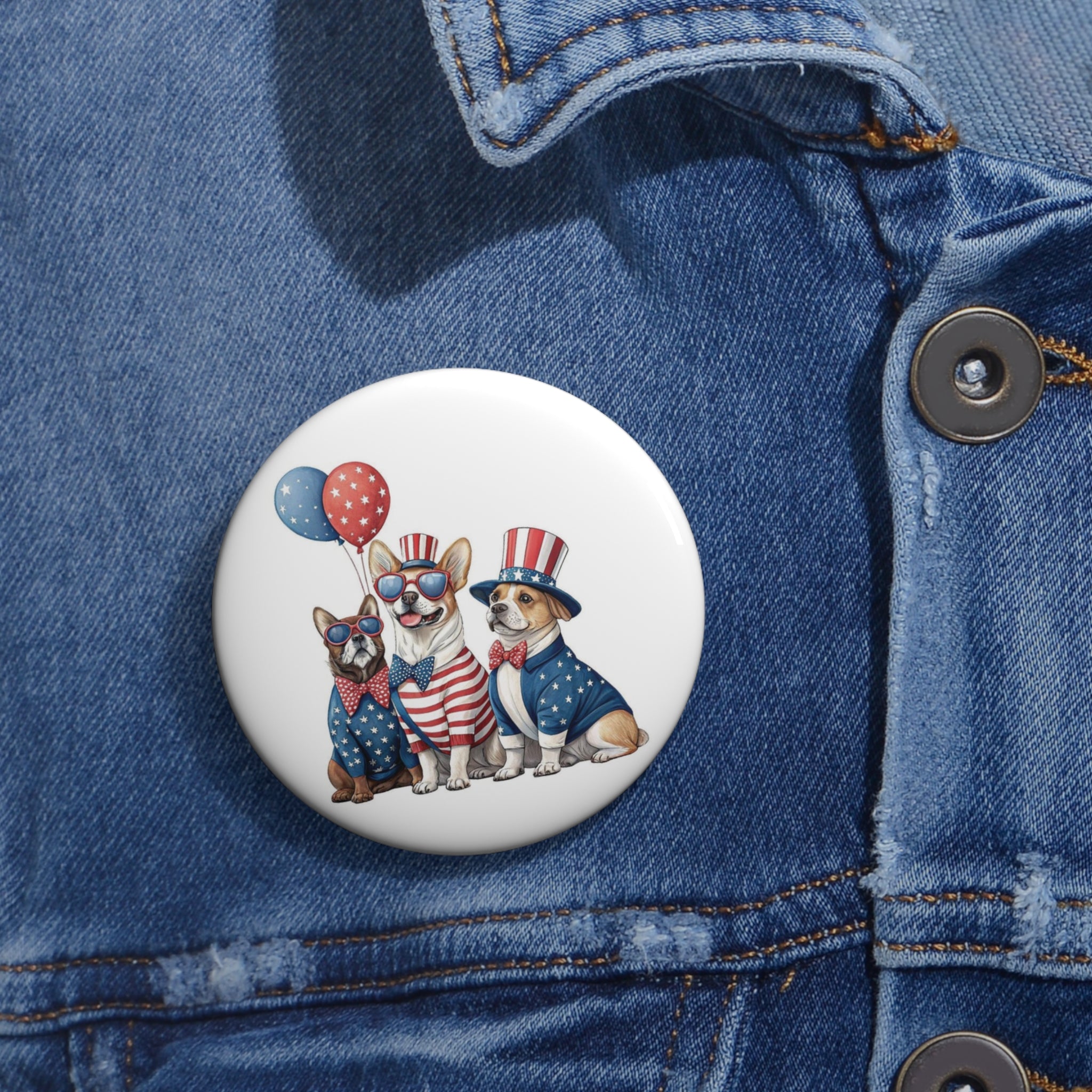Patriotic Dogs Pin Button | 4th of July Puppy Flag Badge