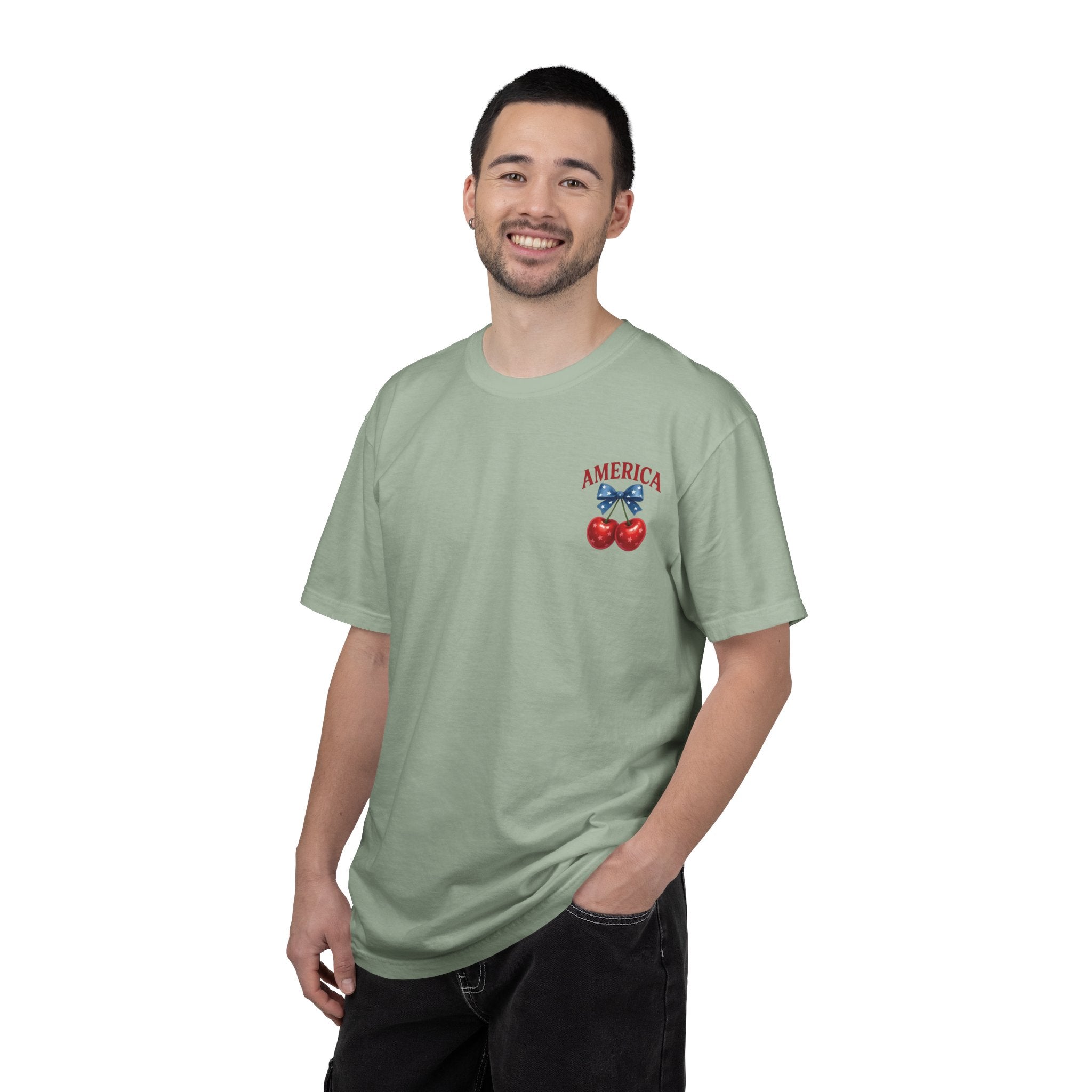 America Cherry Bow T-shirt | Patriotic Stars & Stripes Cherry Design