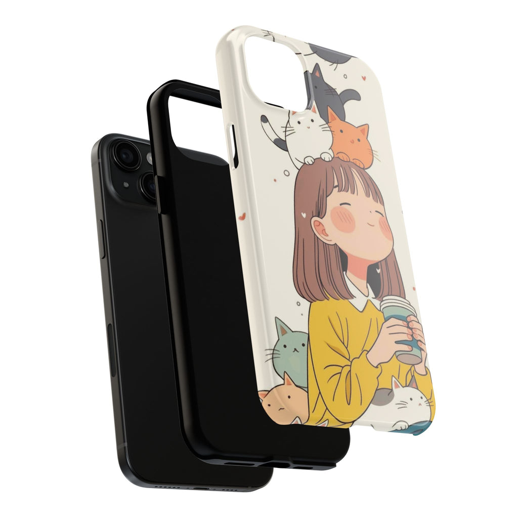 Girl with Cats Phone Case | Cute Cat Stack Illustration