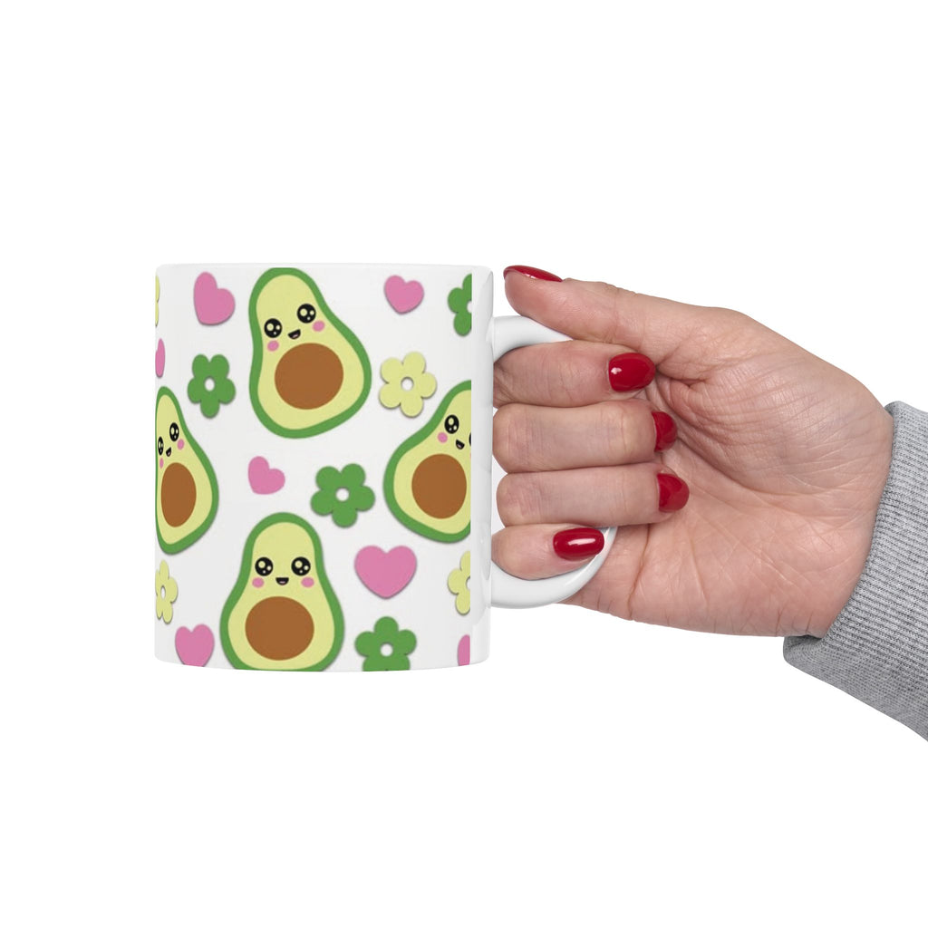 Avocado Pattern Ceramic Mug — Cute Kawaii Avocado Hearts & Flowers Coffee Cup (11oz/15oz)