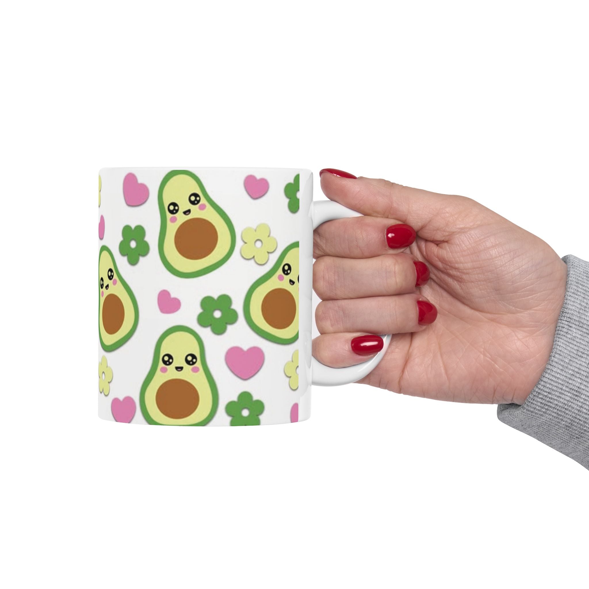 Avocado Pattern Ceramic Mug — Cute Kawaii Avocado Hearts & Flowers Coffee Cup (11oz/15oz)