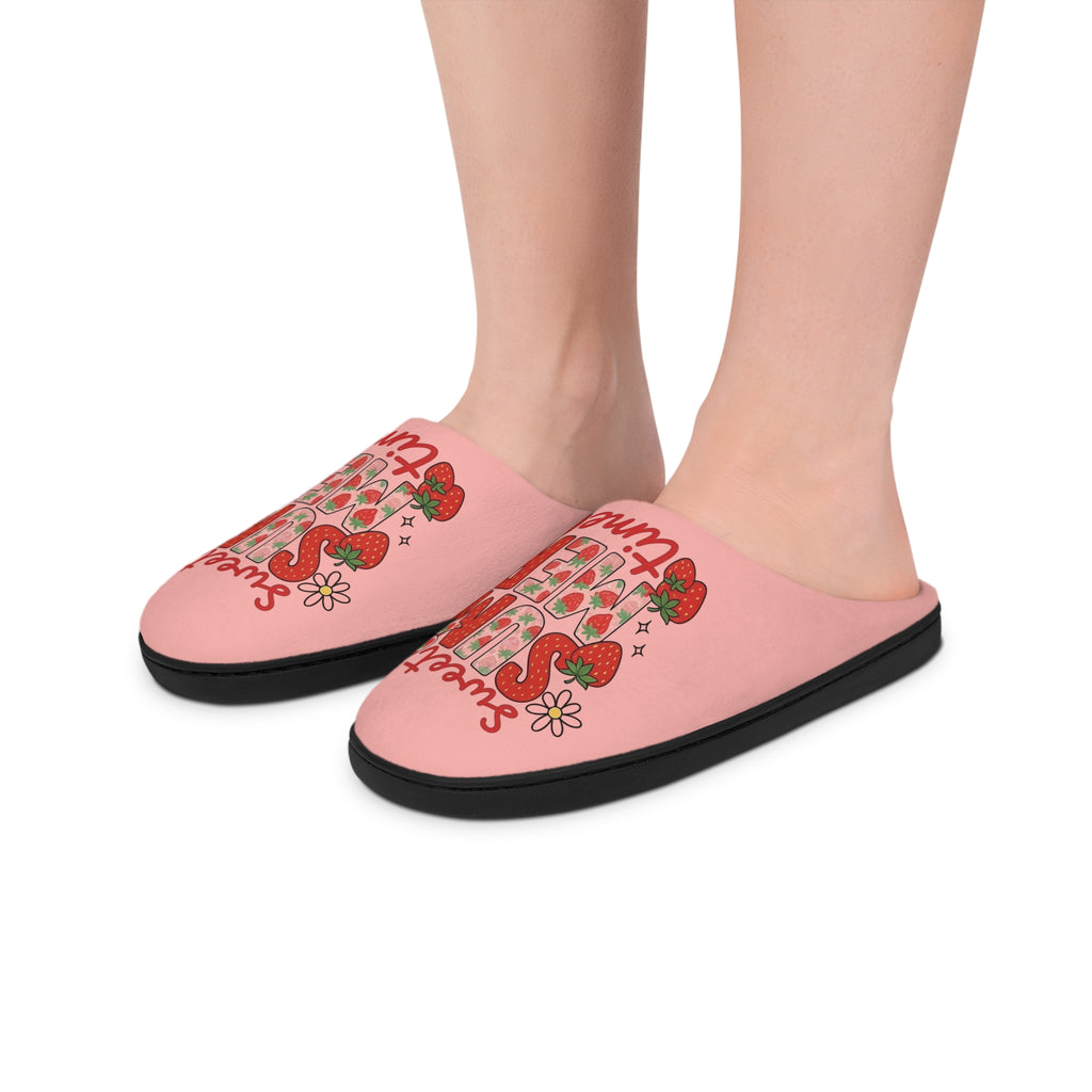 Sweet Summertime Pink Women's Indoor Slippers — Strawberries & Floral Cozy House Shoes