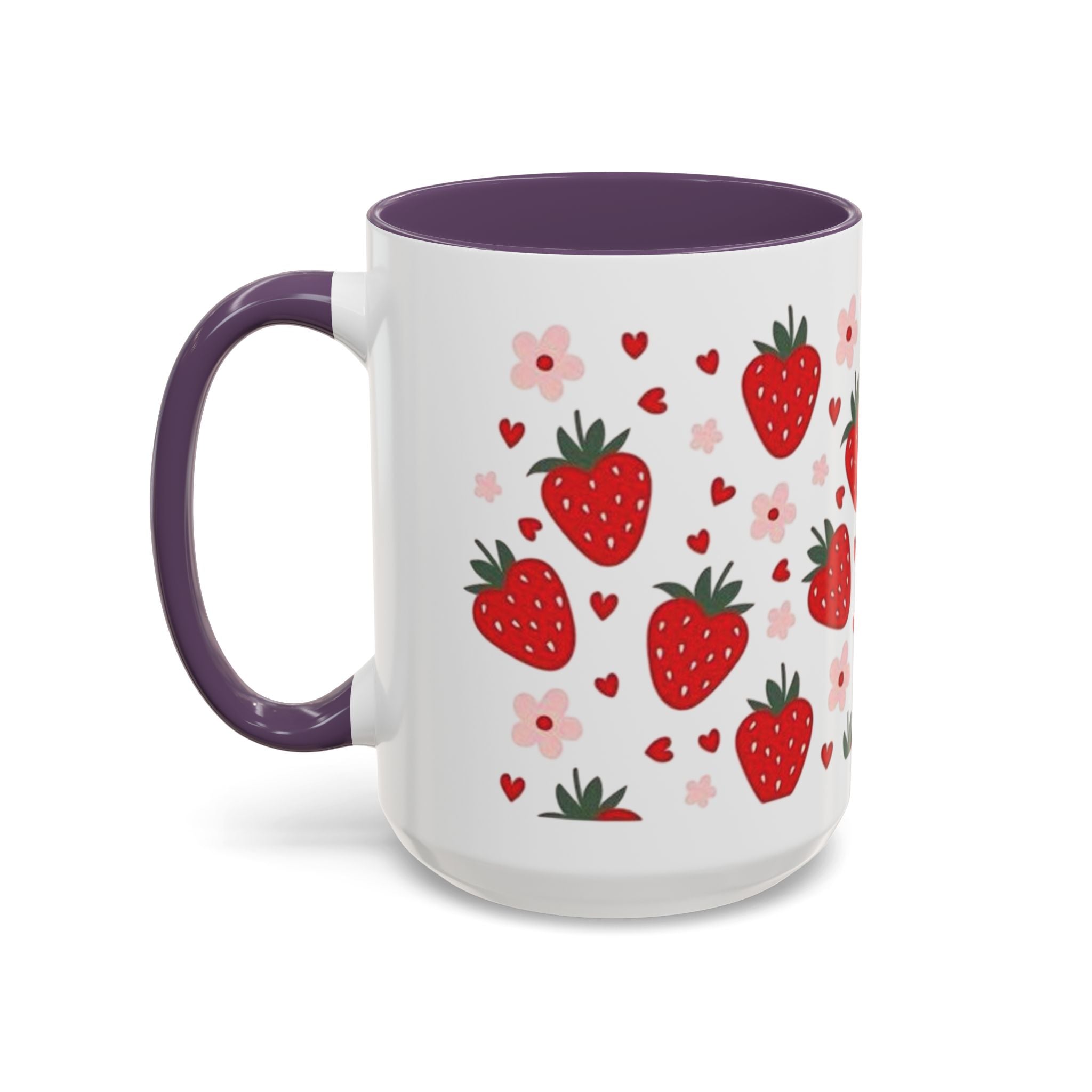 Strawberry Pattern Accent Coffee Mug — Cute Red Berries & Hearts 11/15oz