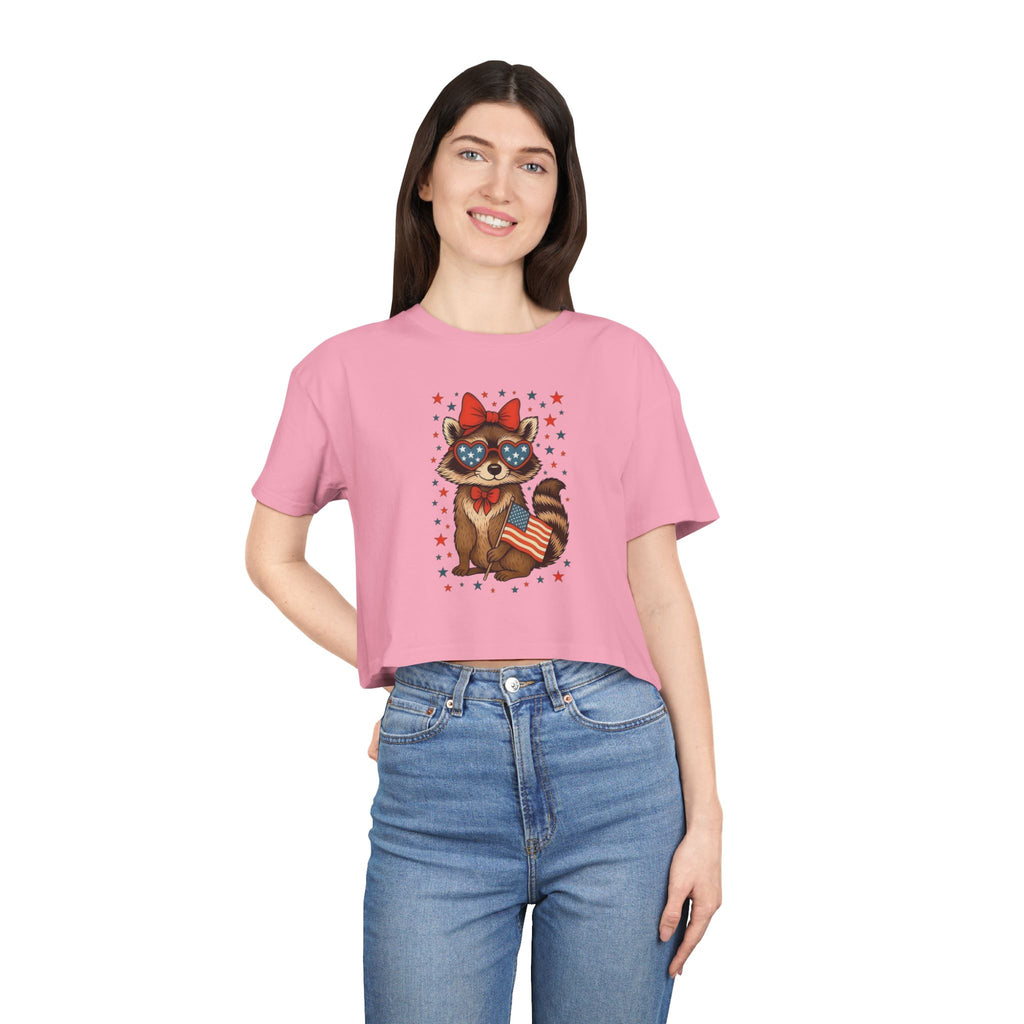 Patriotic Raccoon Heart Crop Tee | 4th of July Stars & Stripes