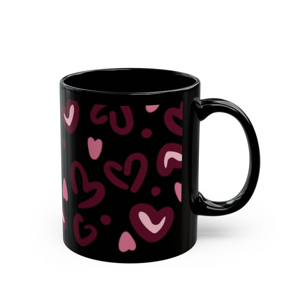 Hand-Drawn Pink Hearts Black Mug | Ceramic Heart Pattern Coffee Mug