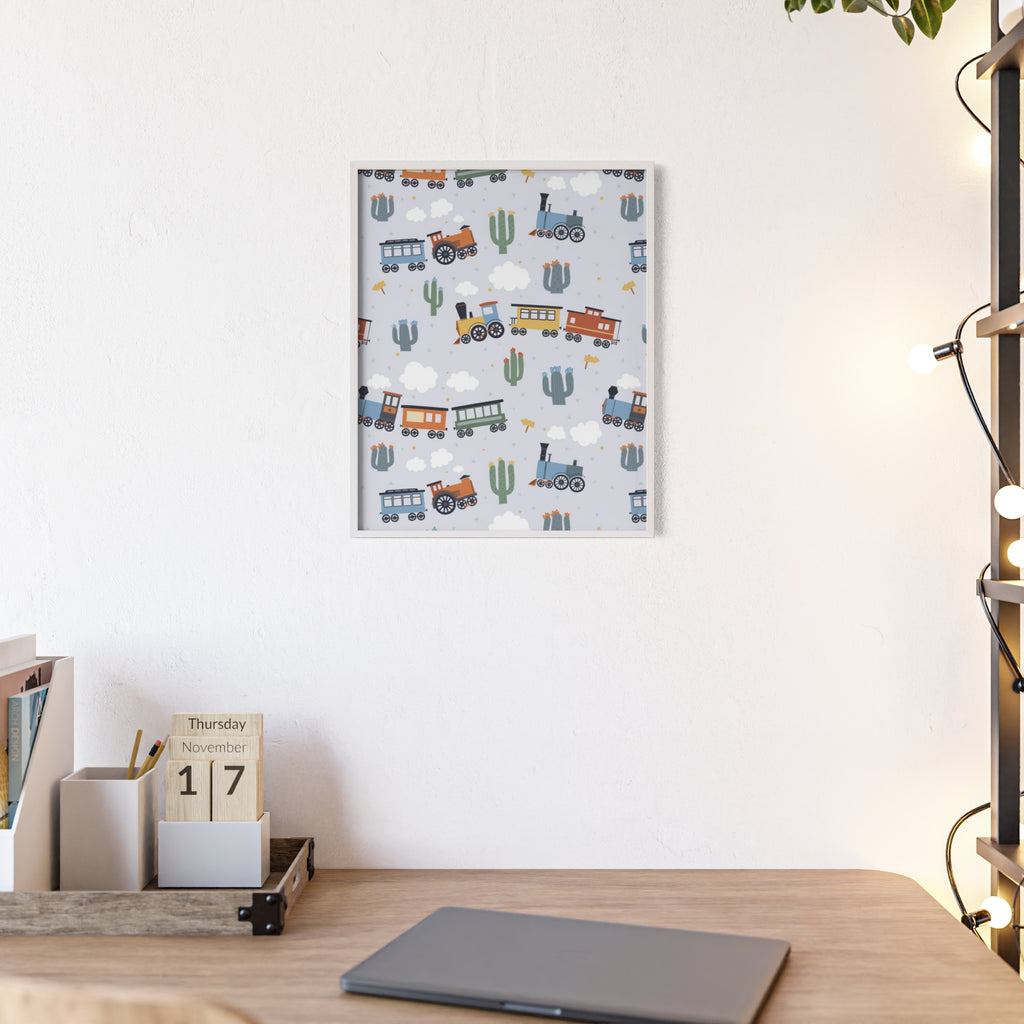 Kids' Train Poster with Wooden Frame — Nursery Wall Art, Playroom Decor