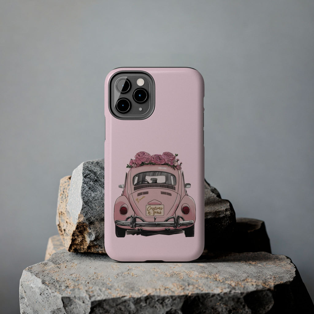 Vintage Pink Beetle with Roses Phone Case | Floral Car Tough Phone Case