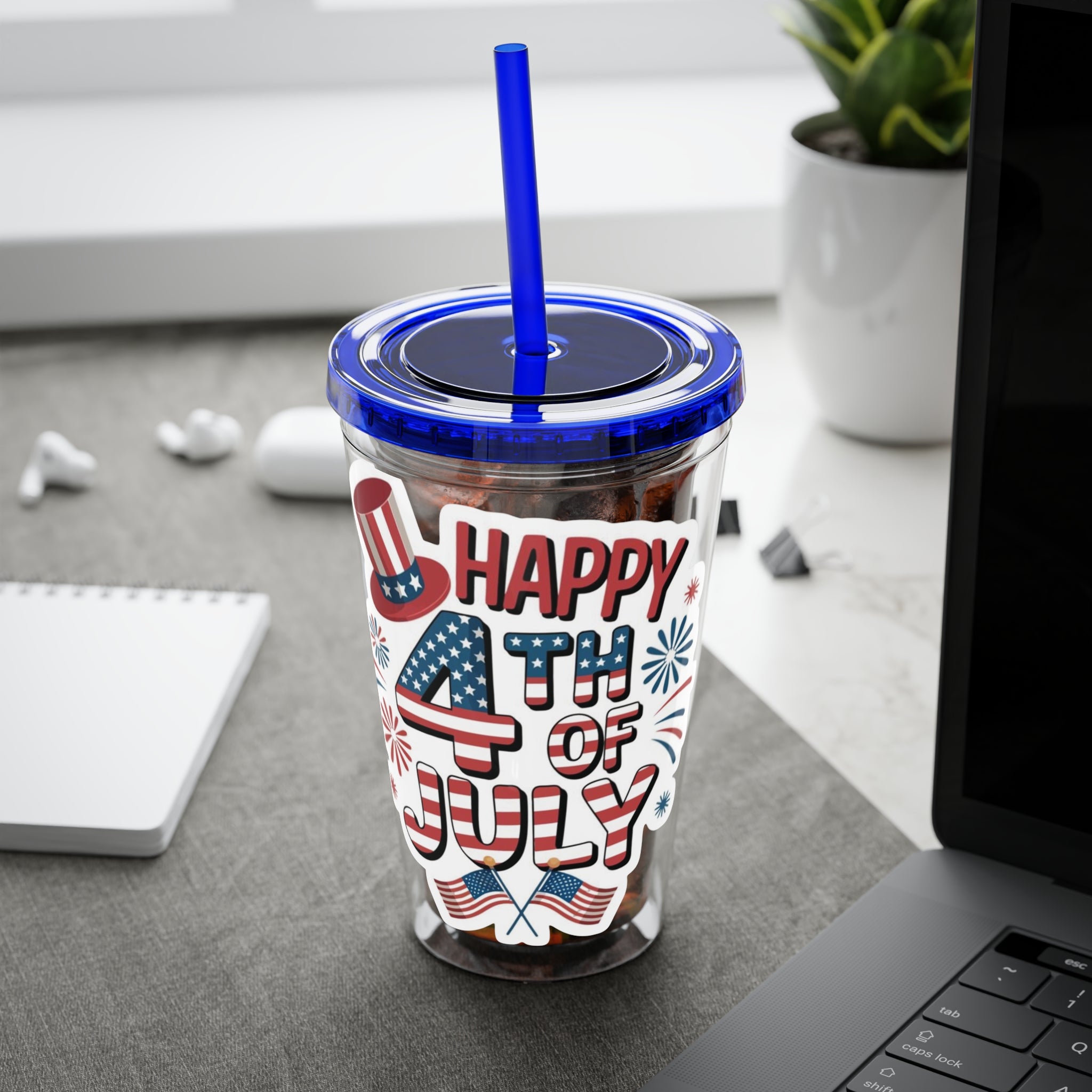 Happy 4th of July Tumbler | 16oz Straw Cup, Patriotic Fireworks Flag Design