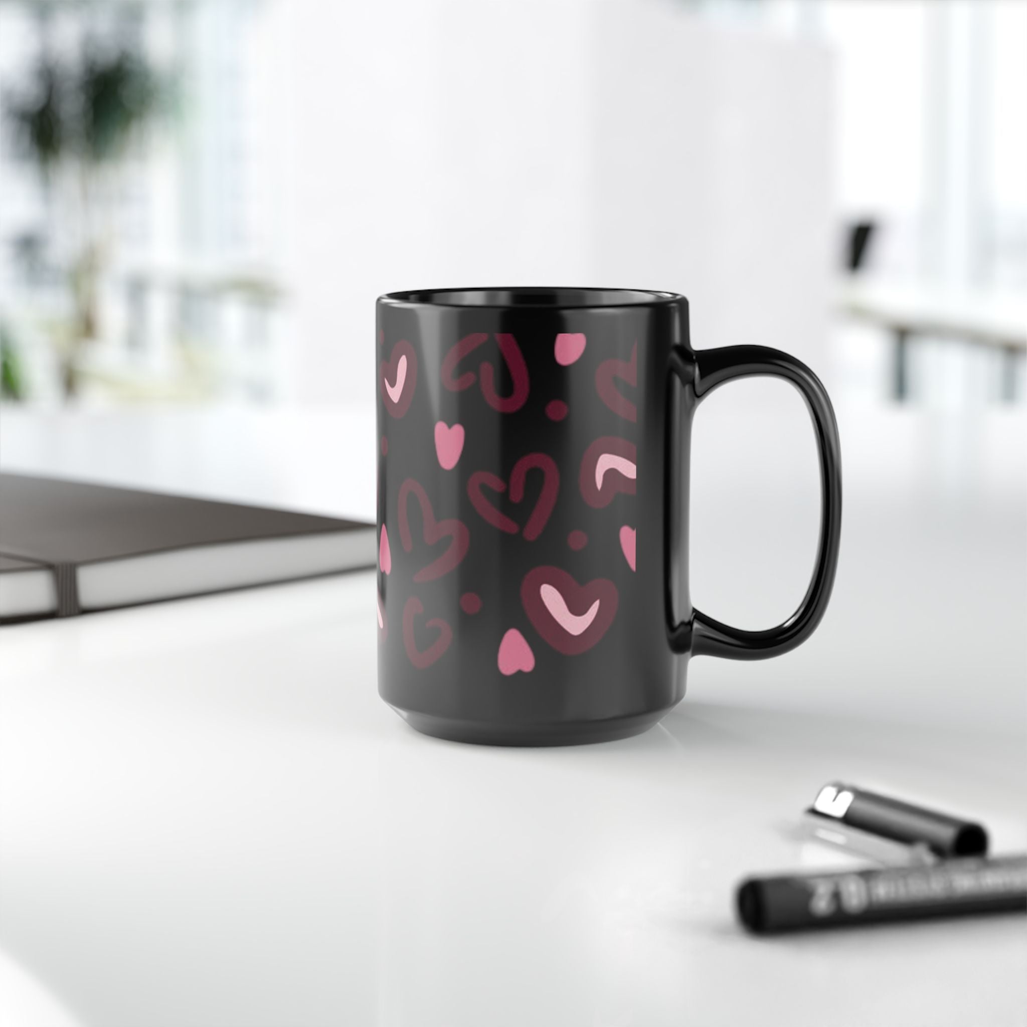 Hand-Drawn Pink Hearts Black Mug | Ceramic Heart Pattern Coffee Mug
