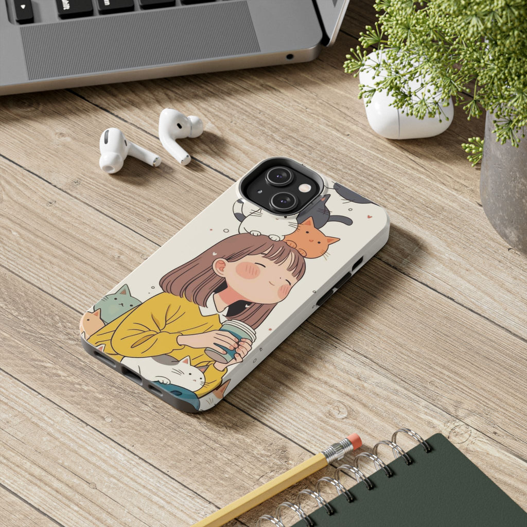 Girl with Cats Phone Case | Cute Cat Stack Illustration