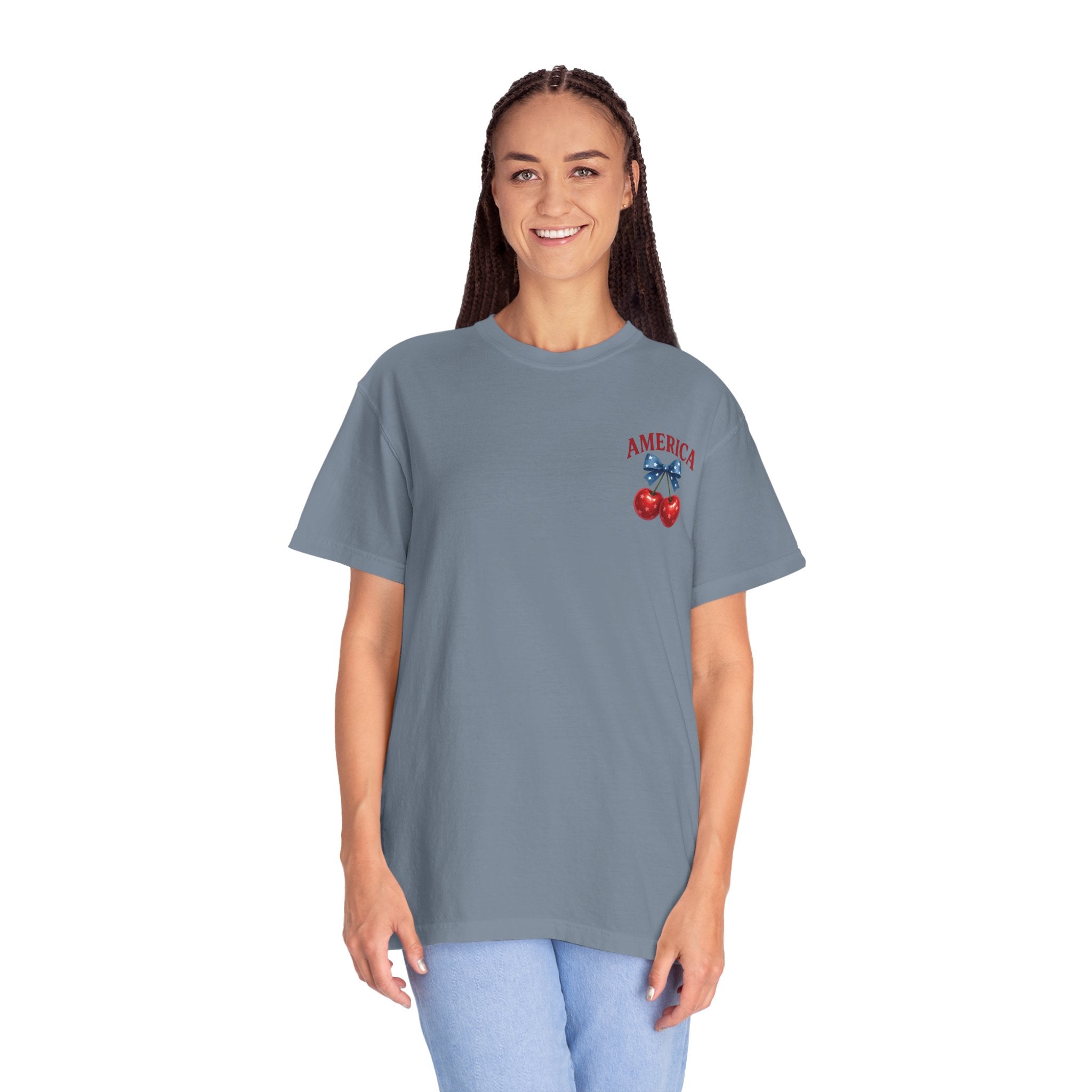 America Cherry Bow T-shirt | Patriotic Stars & Stripes Cherry Design