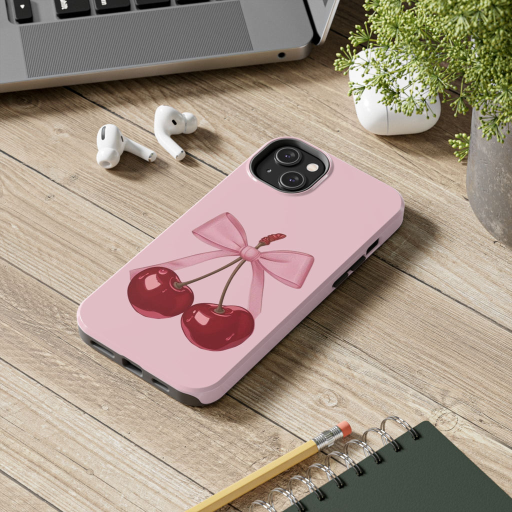 Pink Cherry Tough Phone Case — Cute Bow Cherry Protective Phone Cover