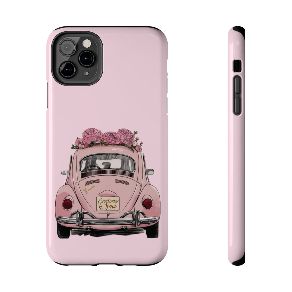 Vintage Pink Beetle with Roses Phone Case | Floral Car Tough Phone Case